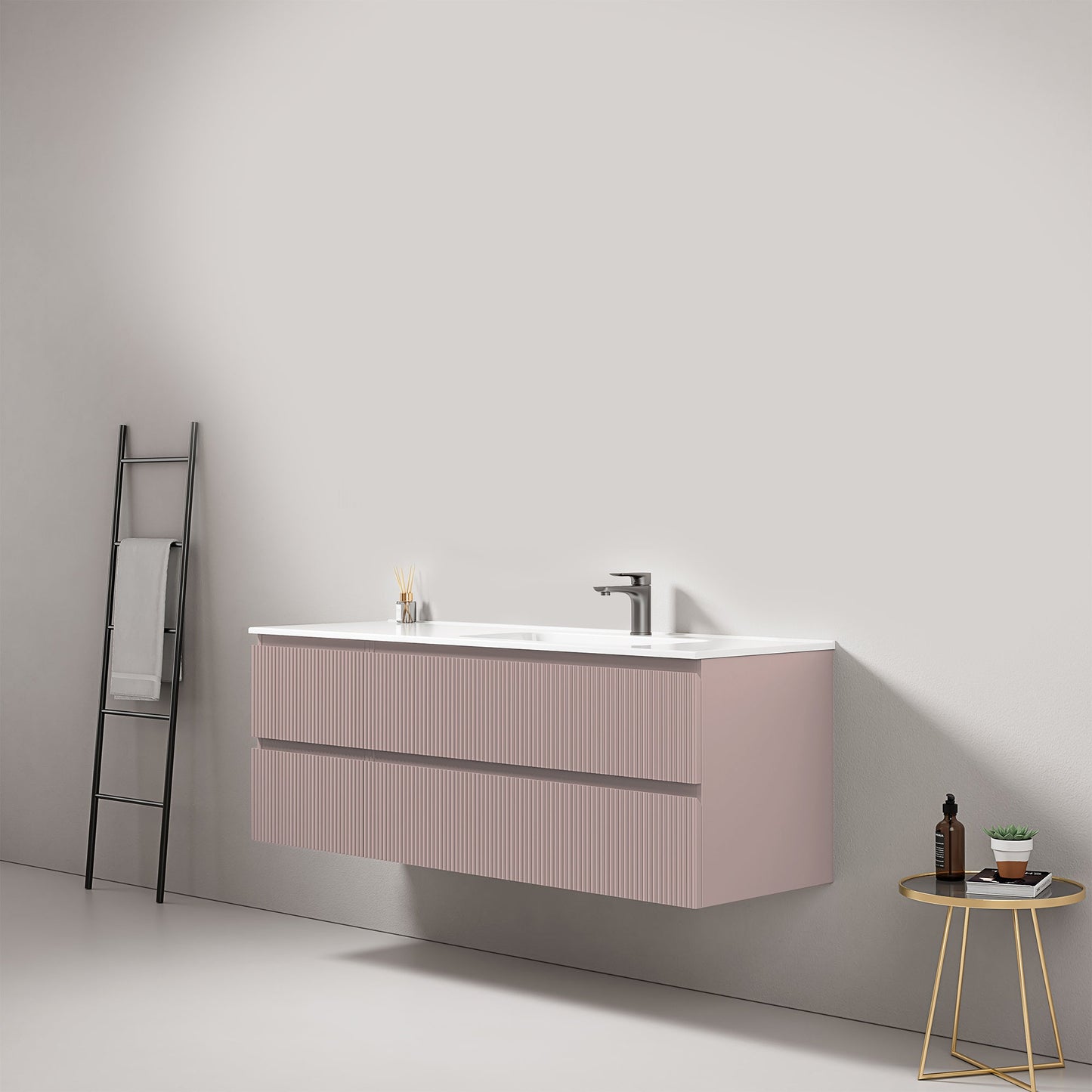 Mobile bagno sospeso cannettato 140 cm Rosa Retro Lavabo a Destra in Resina Senza Specchio - Fiji Paint