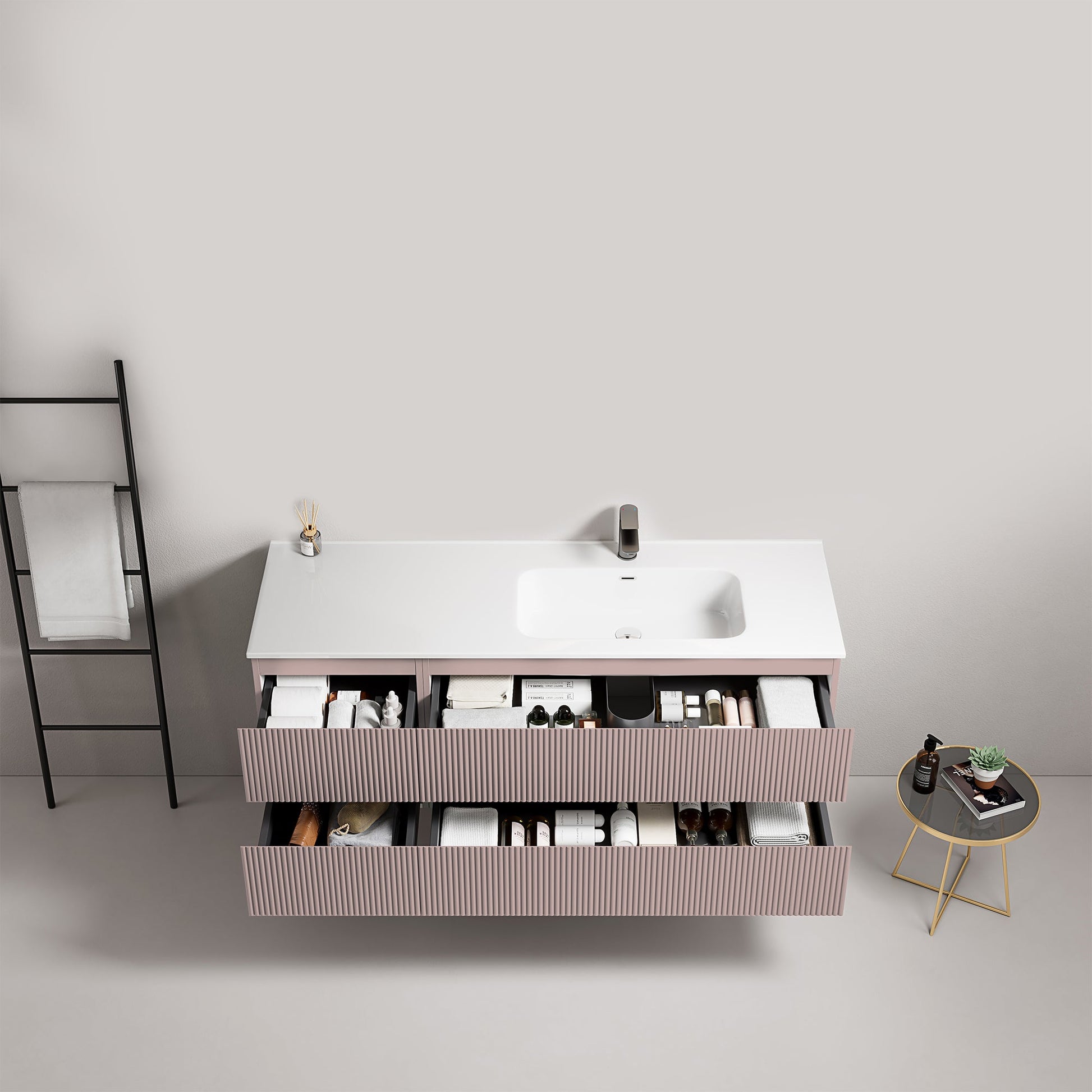 Mobile bagno sospeso cannettato 140 cm Rosa Retro Lavabo a Destra in Resina Senza Specchio - Fiji Paint