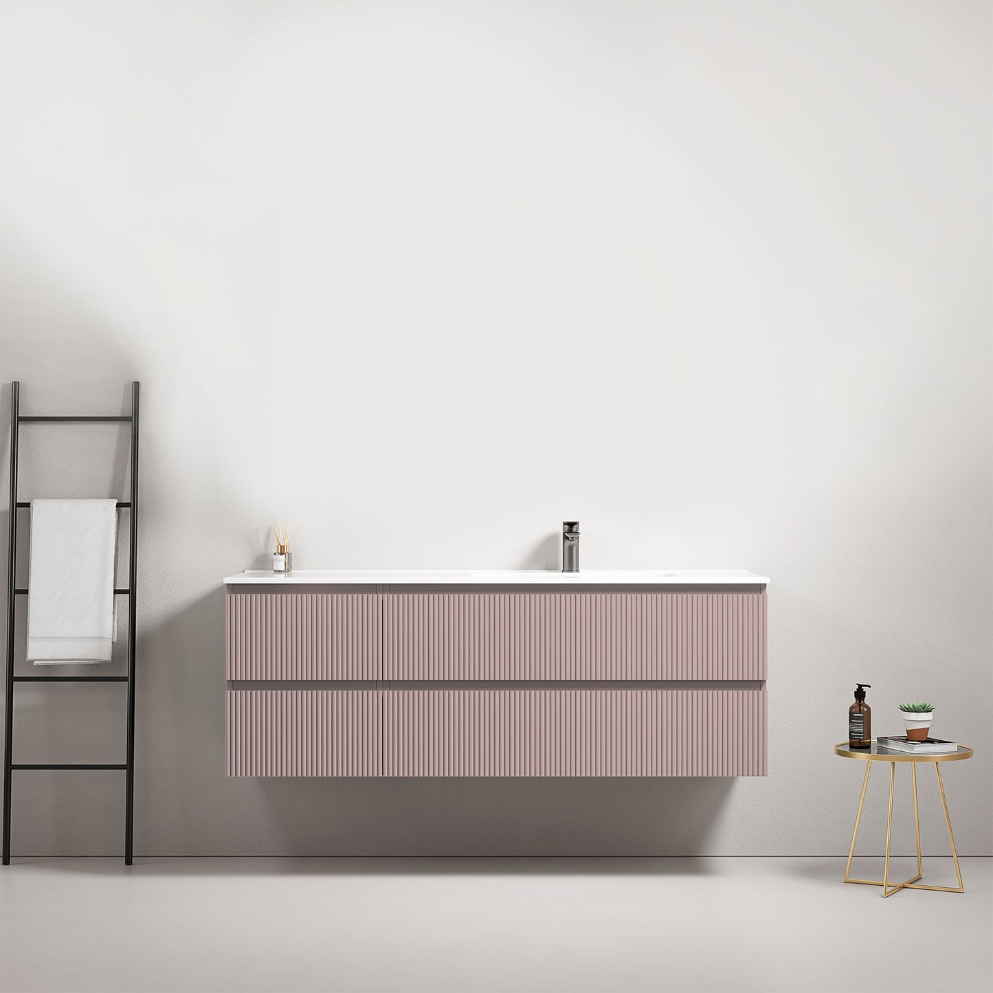Mobile bagno sospeso cannettato 140 cm Rosa Retro Lavabo a Destra in Resina Senza Specchio - Fiji Paint