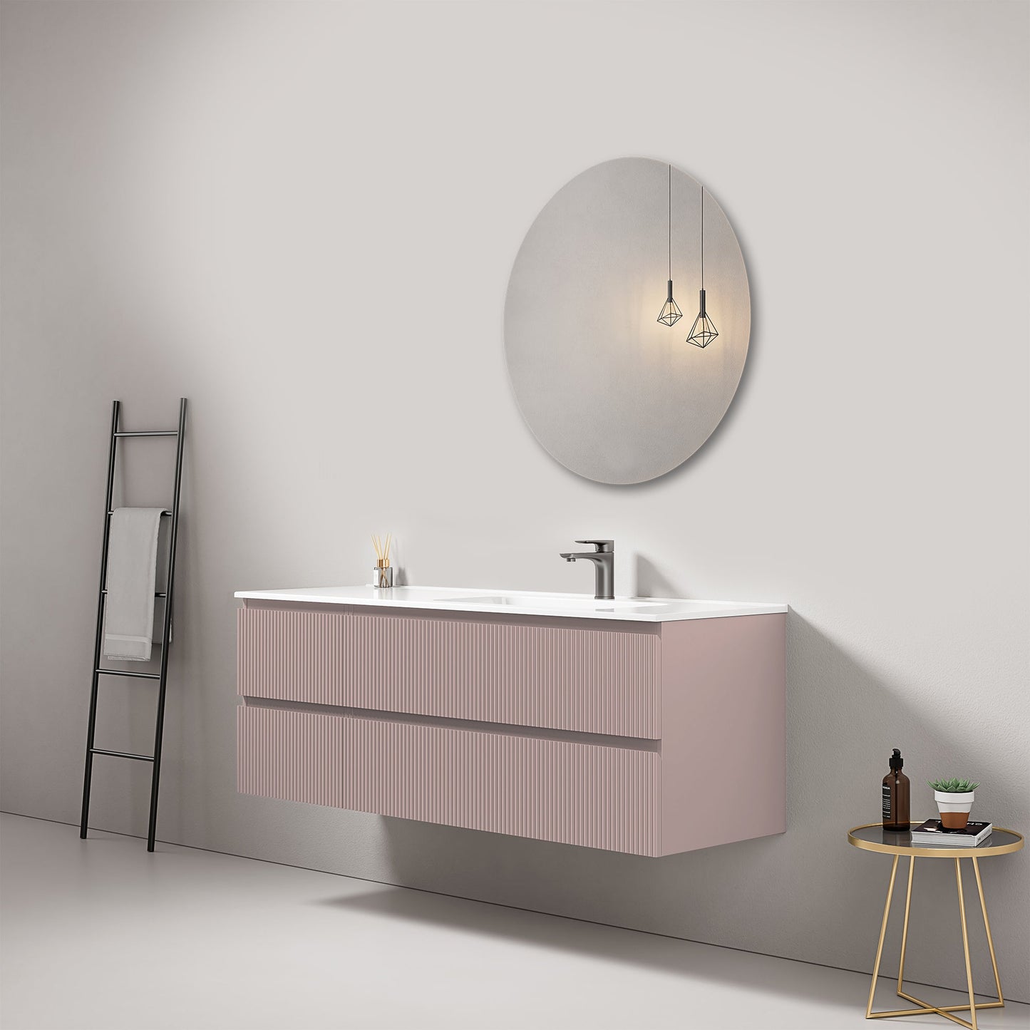 Mobile bagno sospeso cannettato 140 cm Rosa Retro Lavabo a Destra in Resina Specchio Tondo - Fiji Paint