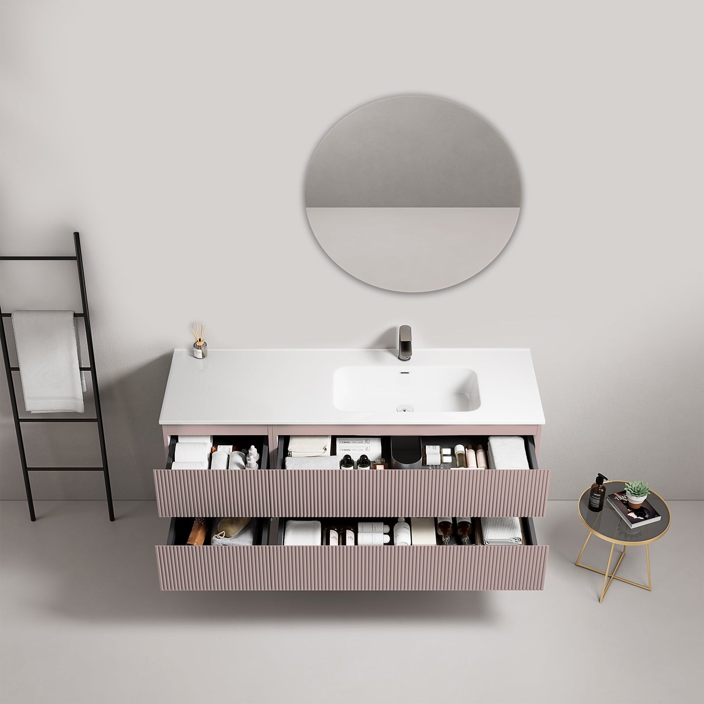 Mobile bagno sospeso cannettato 140 cm Rosa Retro Lavabo a Destra in Resina Specchio Tondo - Fiji Paint