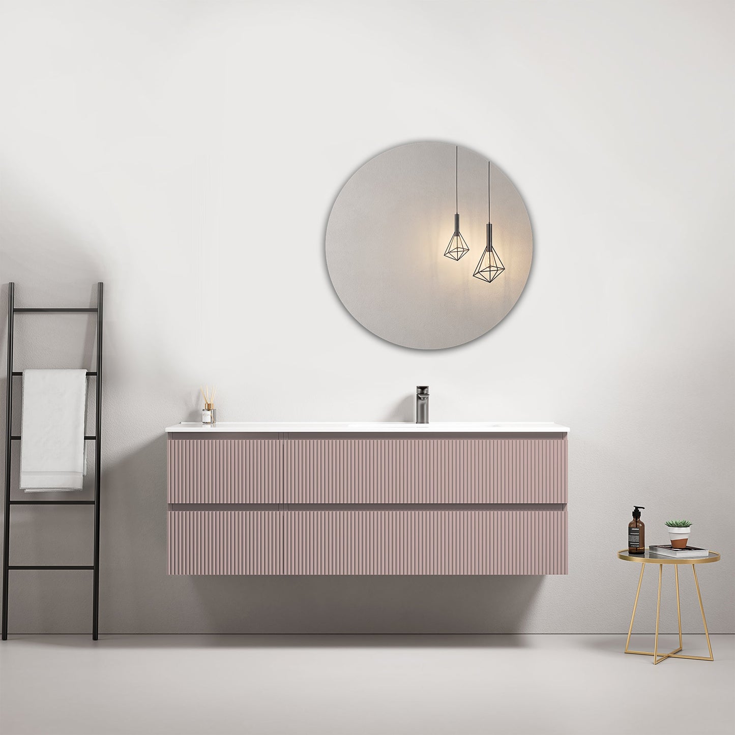 Mobile bagno sospeso cannettato 140 cm Rosa Retro Lavabo a Destra in Resina Specchio Tondo - Fiji Paint