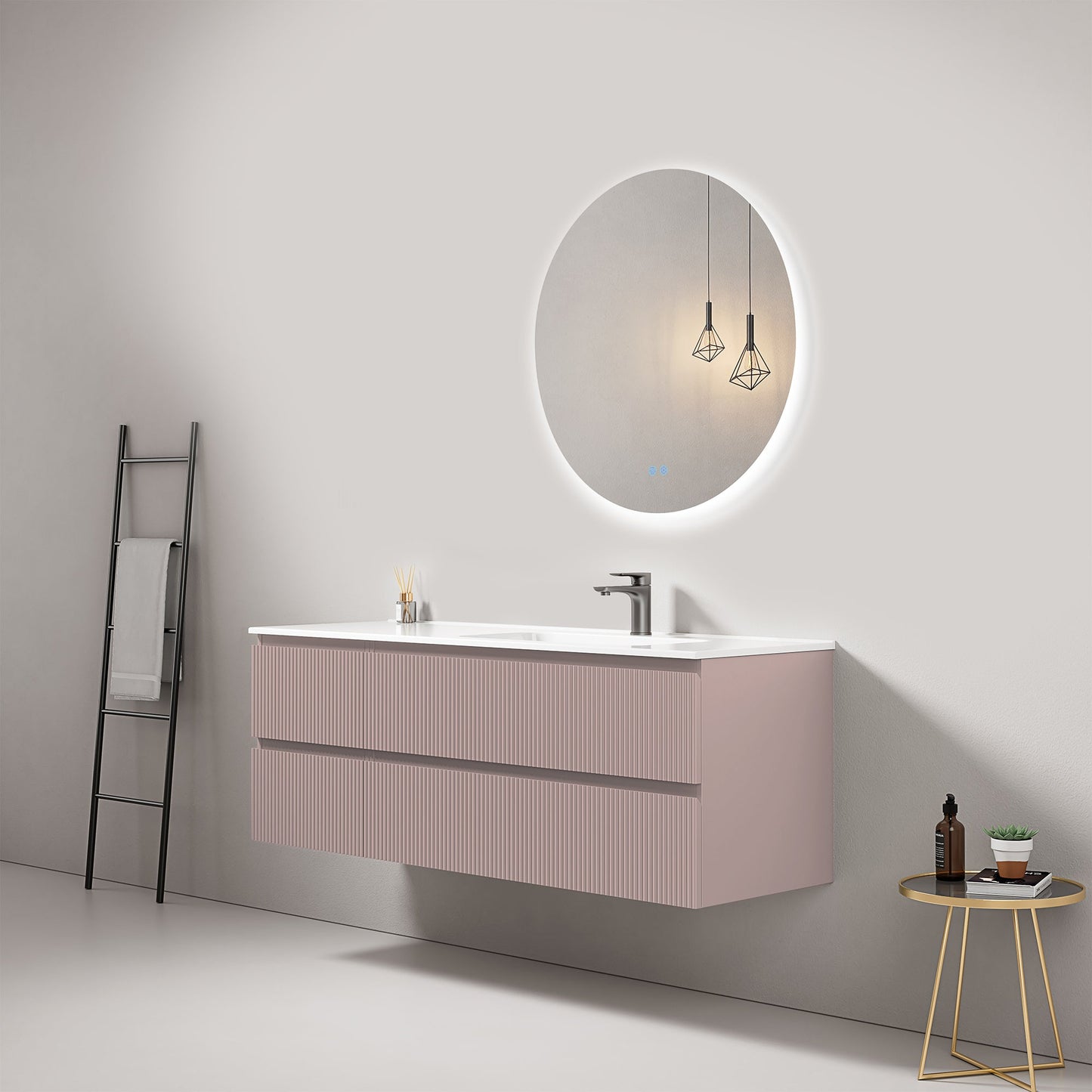 Mobile bagno sospeso cannettato 140 cm Rosa Retro Lavabo a Destra in Resina Specchio Tondo Retroilluminato - Fiji Paint