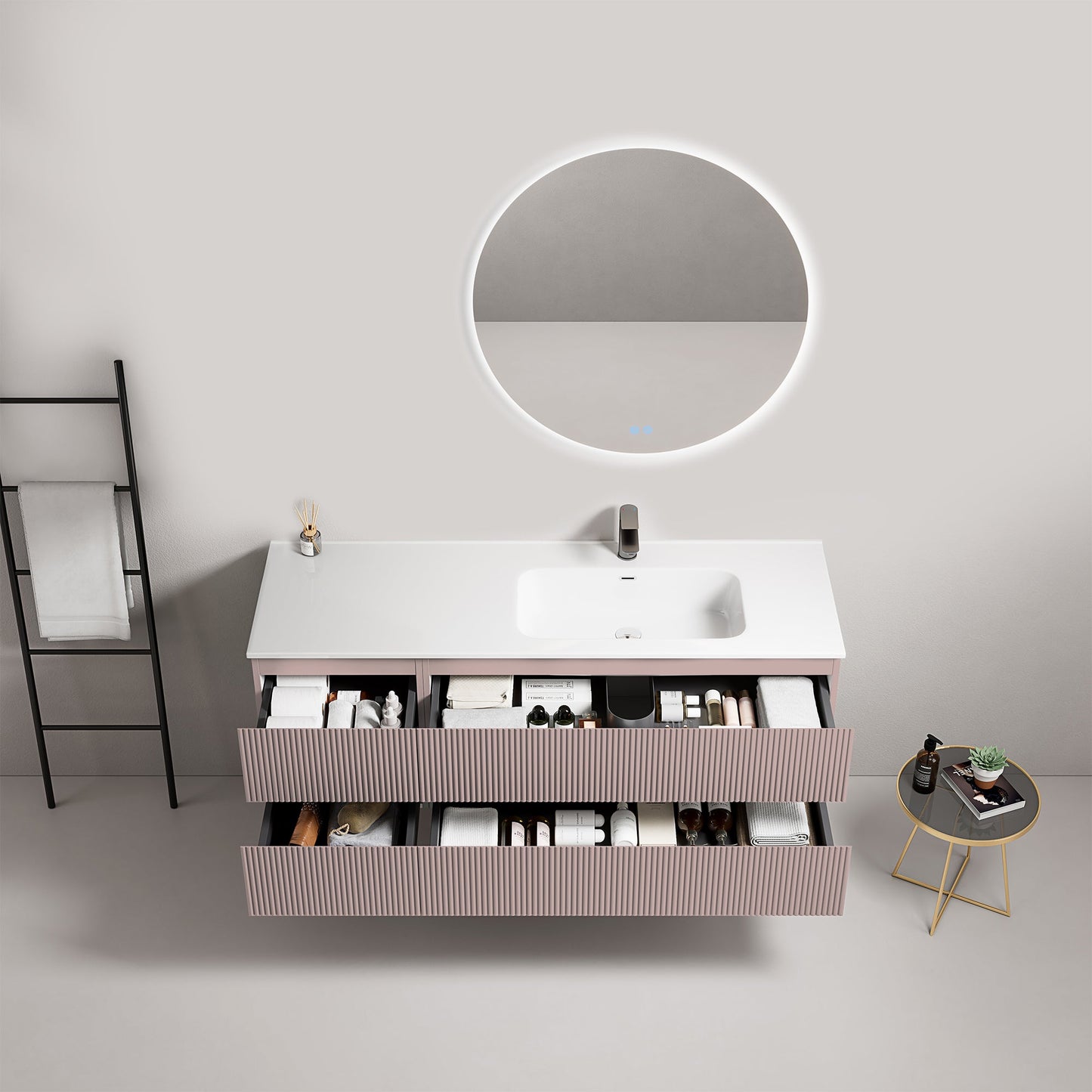 Mobile bagno sospeso cannettato 140 cm Rosa Retro Lavabo a Destra in Resina Specchio Tondo Retroilluminato - Fiji Paint