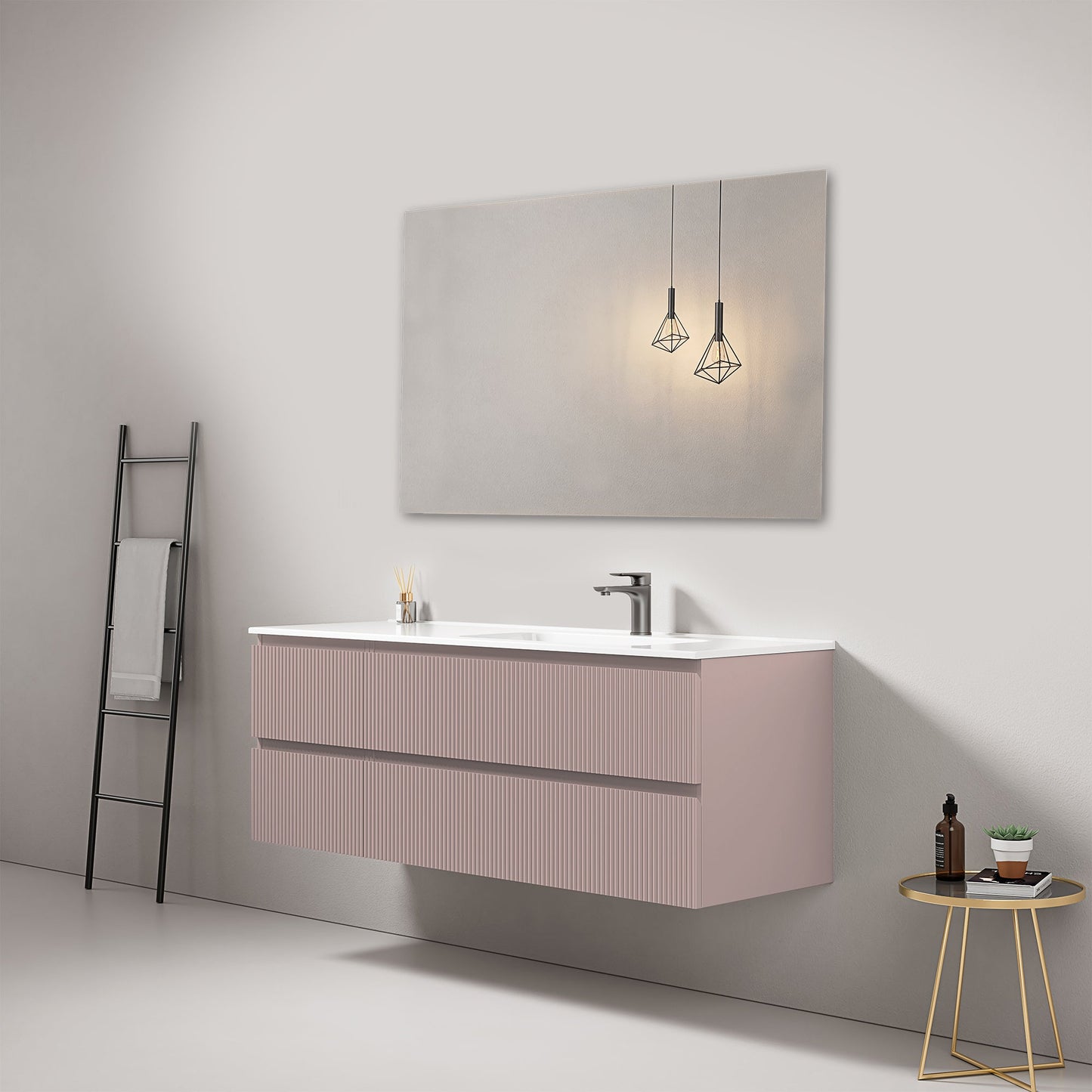 Mobile bagno sospeso cannettato 140 cm Rosa Retro Lavabo a Destra in Resina Specchio Quadro - Fiji Paint nel bagno moderno.