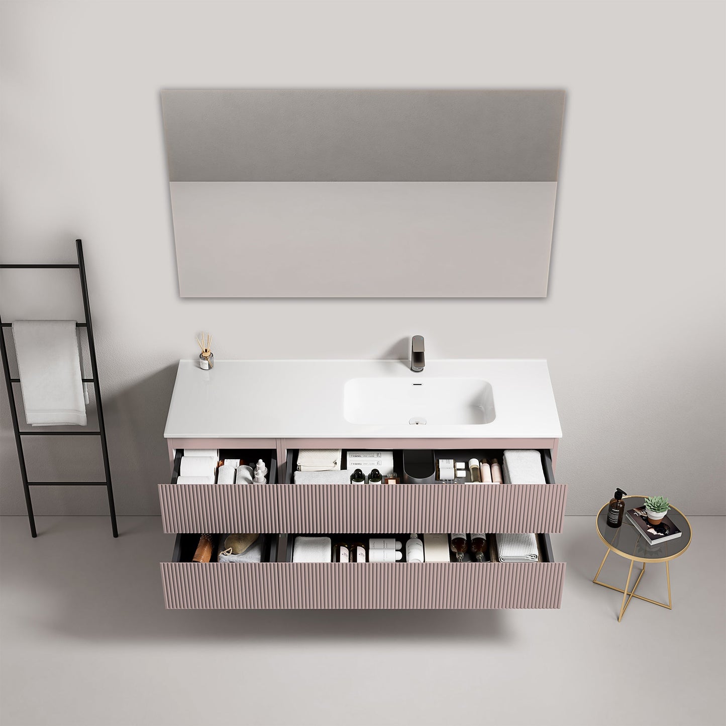 Mobile bagno sospeso cannettato 140 cm Rosa Retro Lavabo a Destra in Resina Specchio Quadro - Fiji Paint.