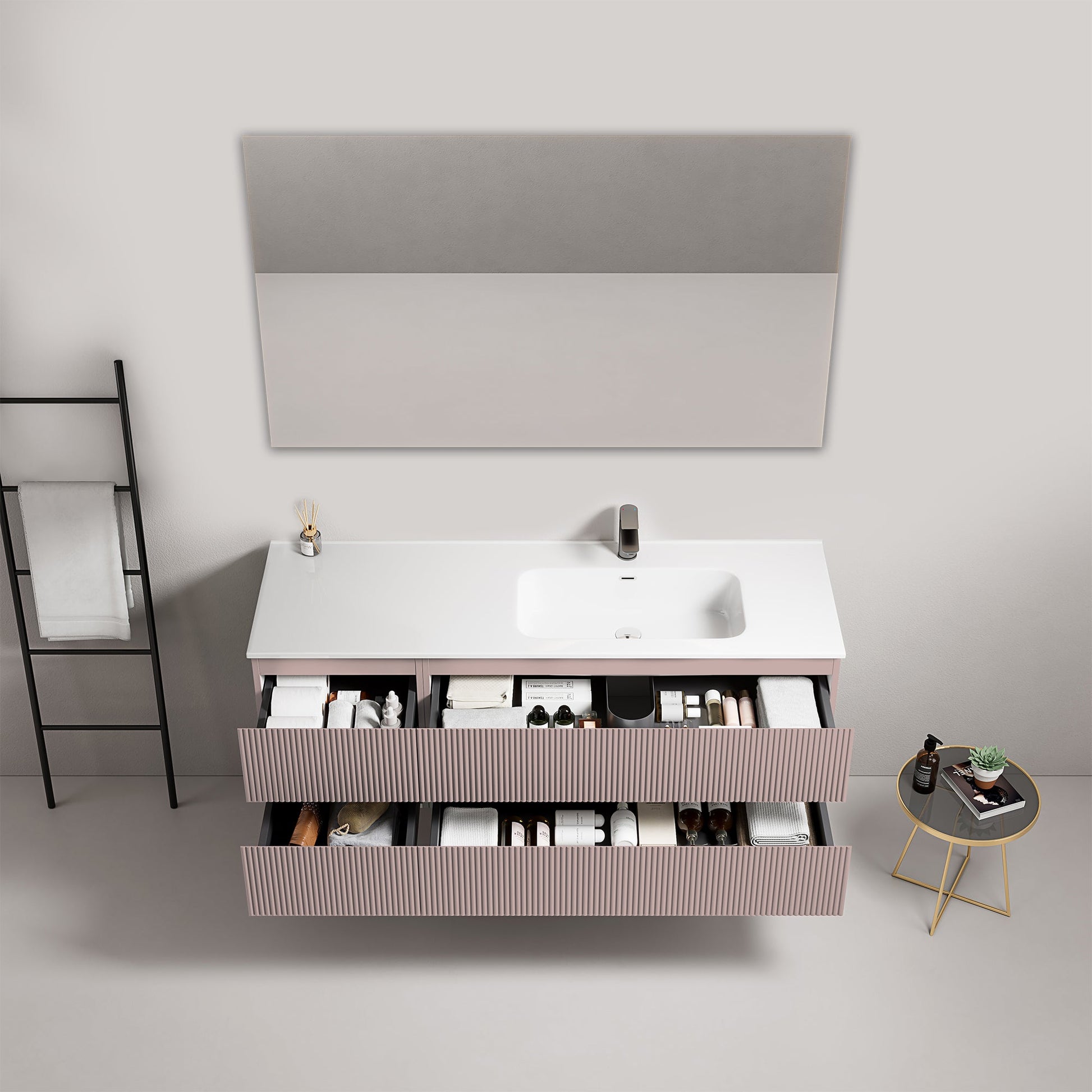 Mobile bagno sospeso cannettato 140 cm Rosa Retro Lavabo a Destra in Resina Specchio Quadro - Fiji Paint.