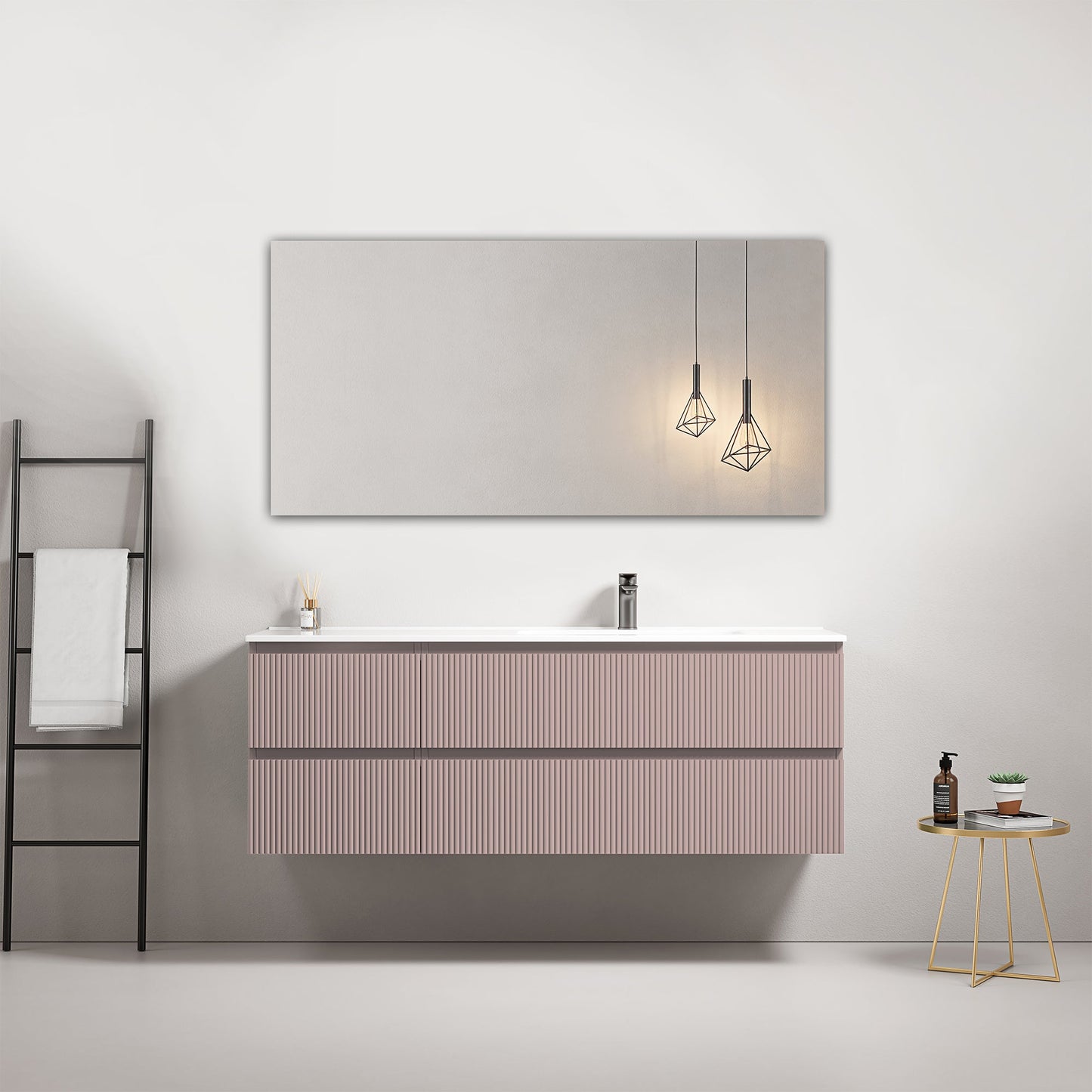 Mobile bagno sospeso cannettato 140 cm Rosa Retro Lavabo a Destra in Resina Specchio Quadro - Fiji Paint