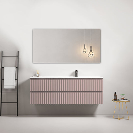 Mobile bagno sospeso cannettato 140 cm Rosa Retro Lavabo a Destra in Resina Specchio Quadro - Fiji Paint
