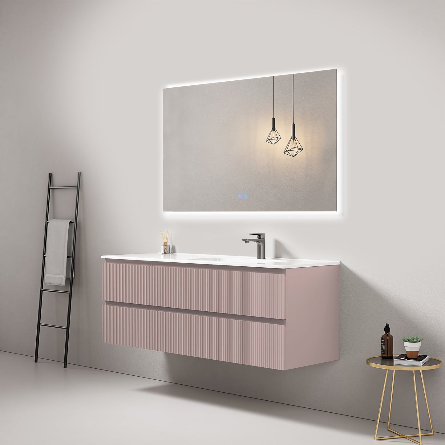 Mobile bagno sospeso cannettato 140 cm Rosa Retro Lavabo a Destra in Resina Specchio Quadro Retroilluminato - Fiji Paint