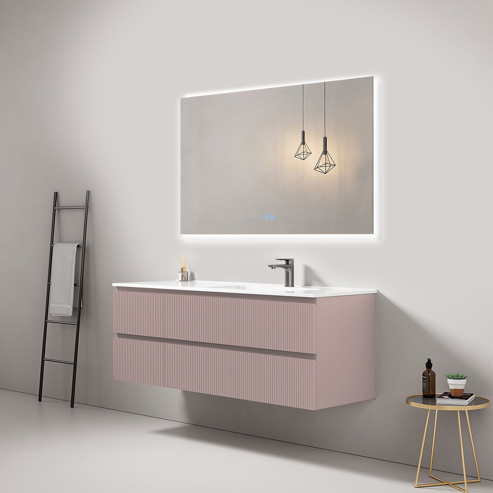 Mobile bagno sospeso cannettato 140 cm Rosa Retro Lavabo a Destra in Resina Specchio Quadro Retroilluminato - Fiji Paint