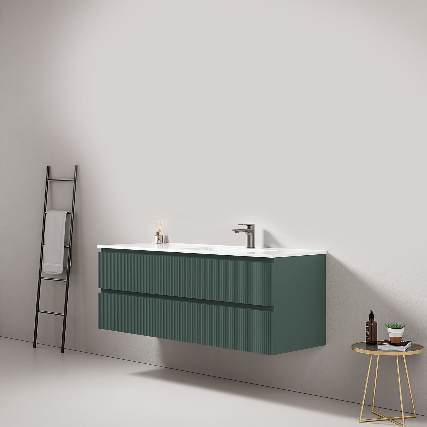 Mobile bagno sospeso cannettato 140 cm Verde Comodoro Lavabo a Destra in Resina Senza Specchio - Fiji Paint