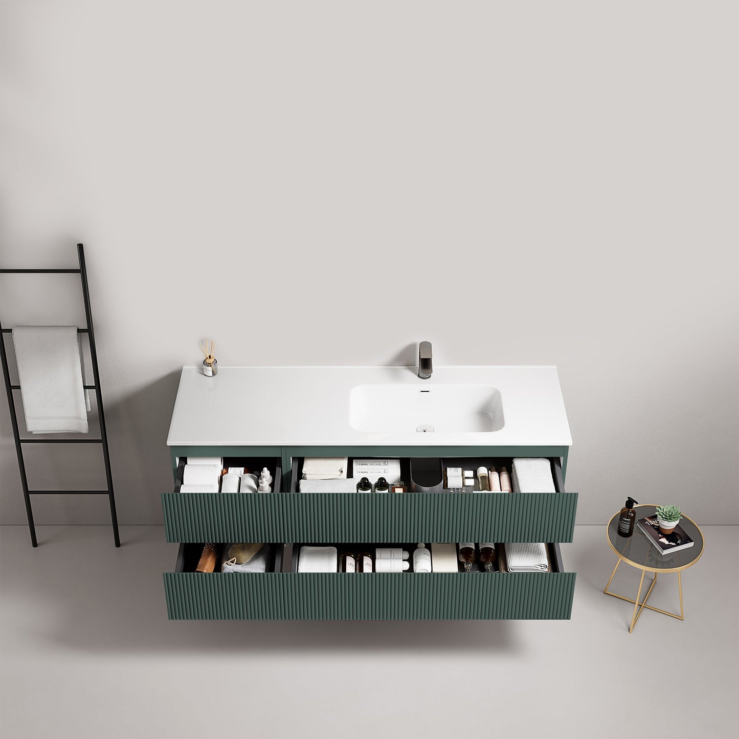 Mobile bagno sospeso cannettato 140 cm Verde Comodoro Lavabo a Destra in Resina Senza Specchio - Fiji Paint, vista dall'alto.