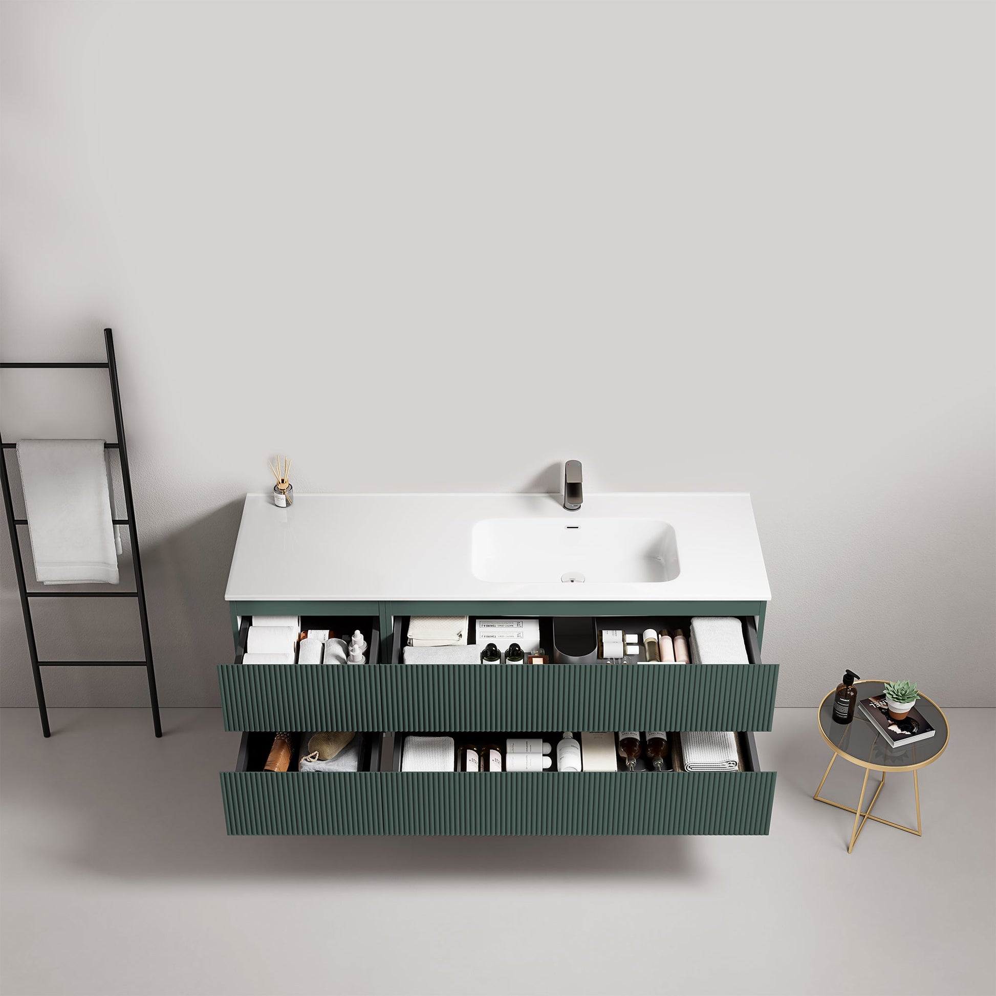 Mobile bagno sospeso cannettato 140 cm Verde Comodoro Lavabo a Destra in Resina Senza Specchio - Fiji Paint, vista dall'alto.