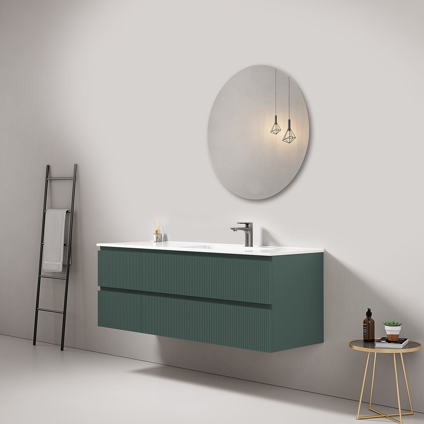 Mobile bagno sospeso cannettato 140 cm Verde Comodoro Lavabo a Destra in Resina Specchio Tondo - Fiji Paint