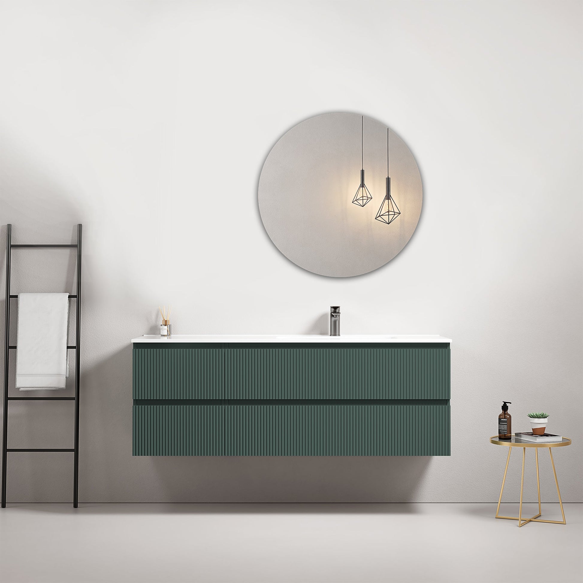 Mobile bagno sospeso cannettato 140 cm Verde Comodoro Lavabo a Destra in Resina Specchio Tondo - Fiji Paint.