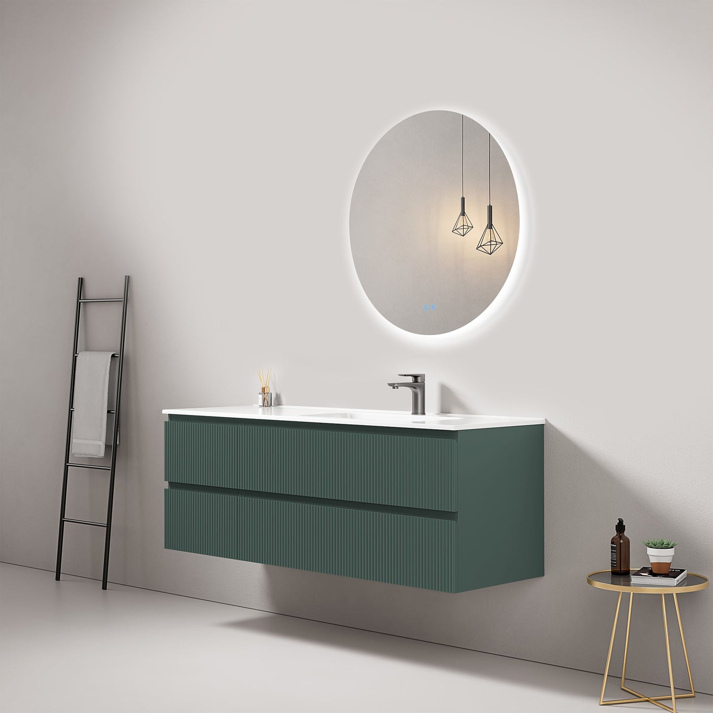 Mobile bagno sospeso cannettato 140 cm Verde Comodoro Lavabo a Destra in Resina Specchio Tondo Retroilluminato - Fiji Paint
