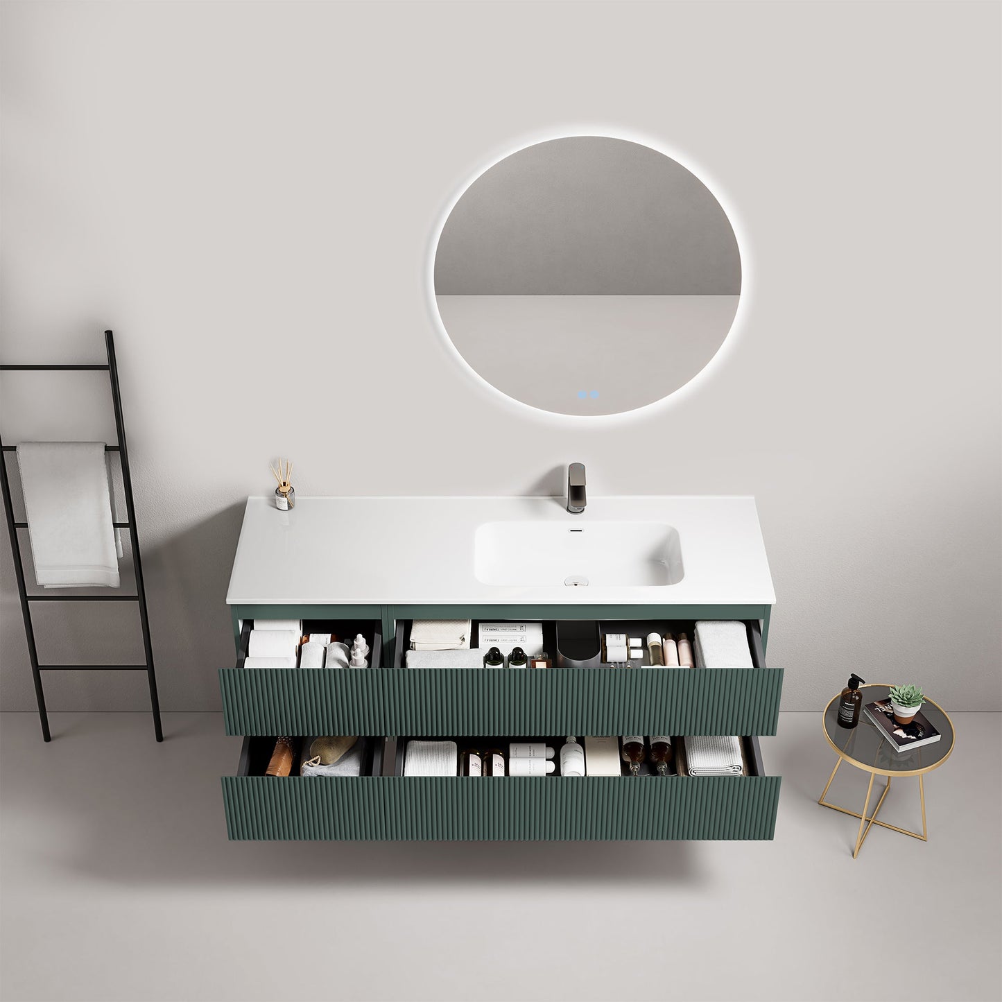 Mobile bagno sospeso cannettato 140 cm Verde Comodoro Lavabo a Destra in Resina Specchio Tondo Retroilluminato - Fiji Paint
