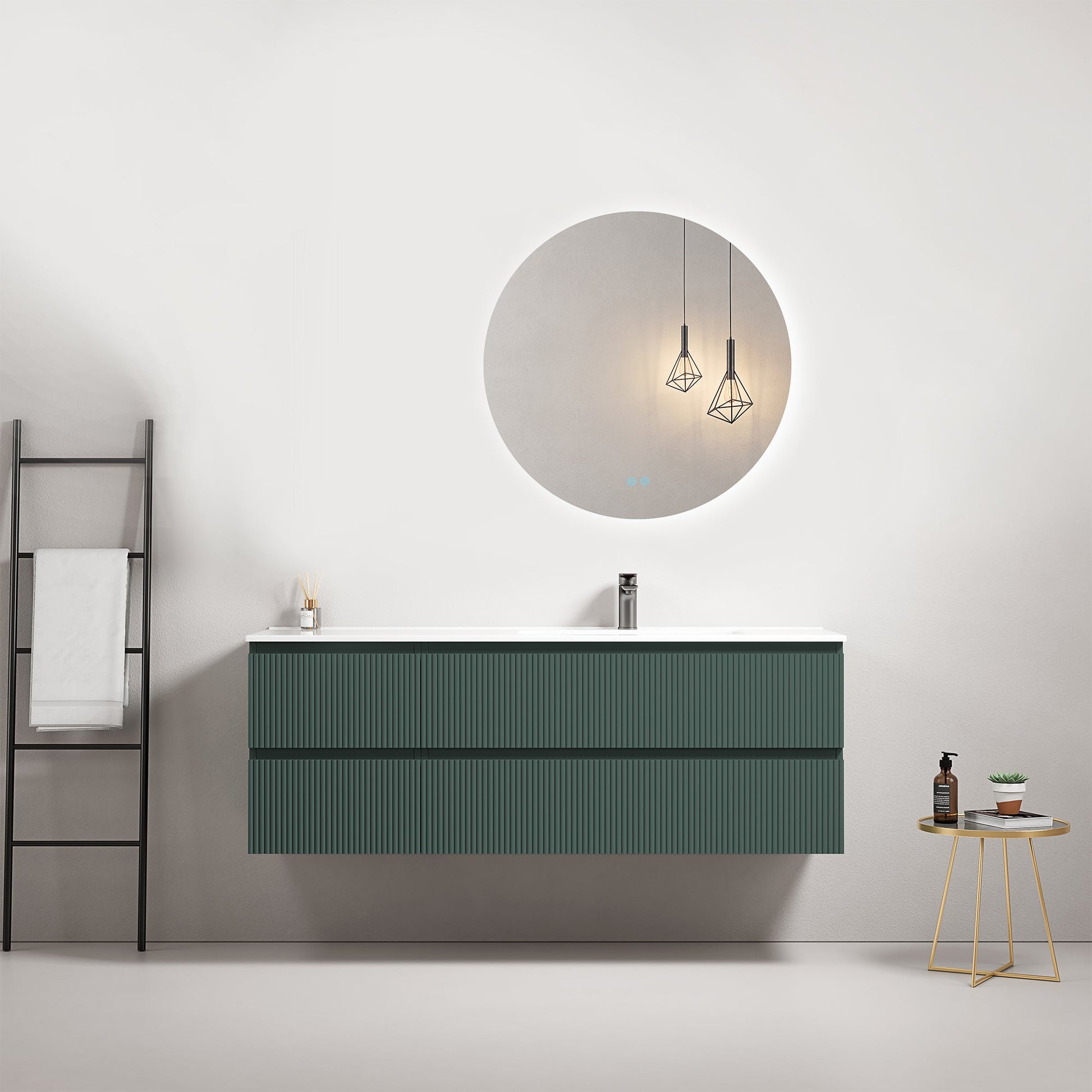 Mobile bagno sospeso cannettato 140 cm Verde Comodoro Lavabo a Destra in Resina Specchio Tondo Retroilluminato - Fiji Paint