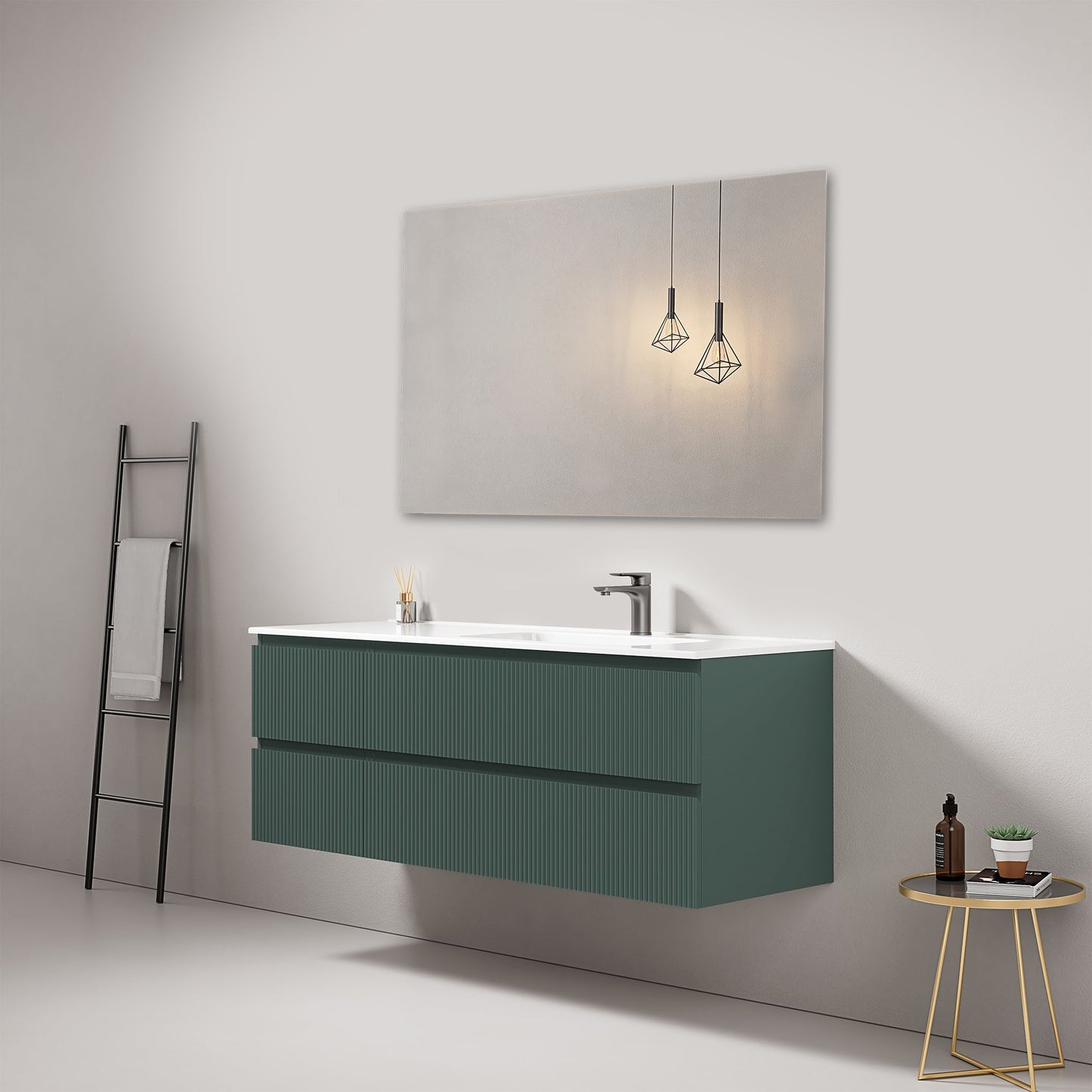 Mobile bagno sospeso cannettato 140 cm Verde Comodoro Lavabo a Destra in Resina Specchio Quadro - Fiji Paint