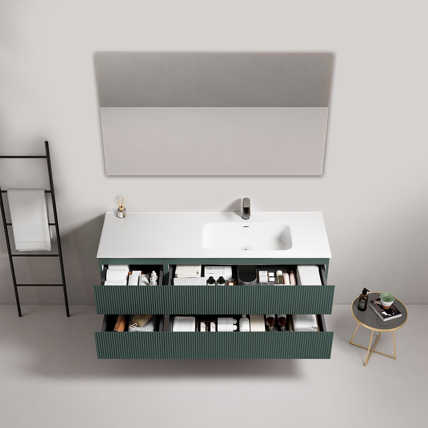 Mobile bagno sospeso cannettato 140 cm Verde Comodoro Lavabo a Destra in Resina Specchio Quadro - Fiji Paint.