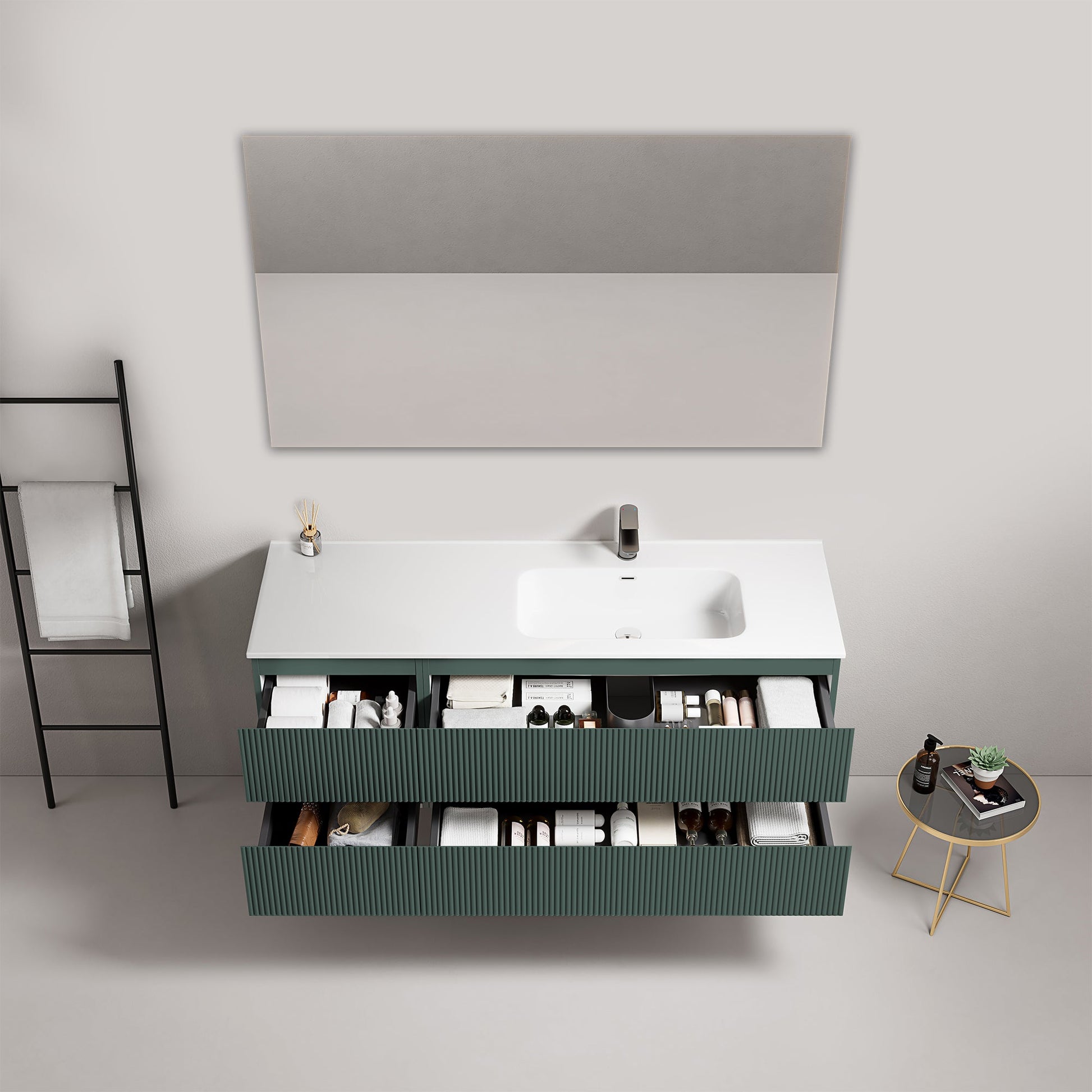 Mobile bagno sospeso cannettato 140 cm Verde Comodoro Lavabo a Destra in Resina Specchio Quadro - Fiji Paint.