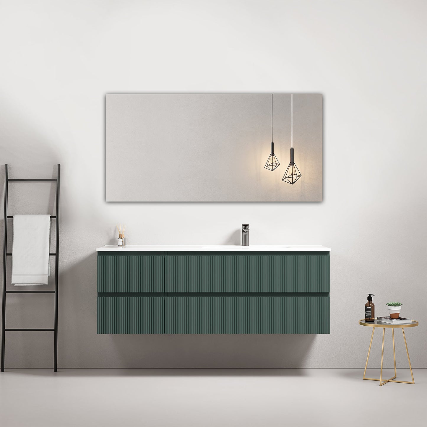 Mobile bagno sospeso cannettato 140 cm Verde Comodoro Lavabo a Destra in Resina Specchio Quadro - Fiji Paint