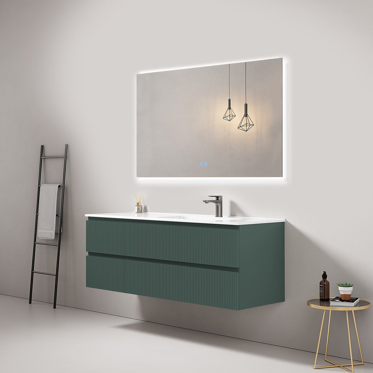 Mobile bagno sospeso cannettato 140 cm Verde Comodoro Lavabo a Destra in Resina Specchio Quadro Retroilluminato - Fiji Paint.