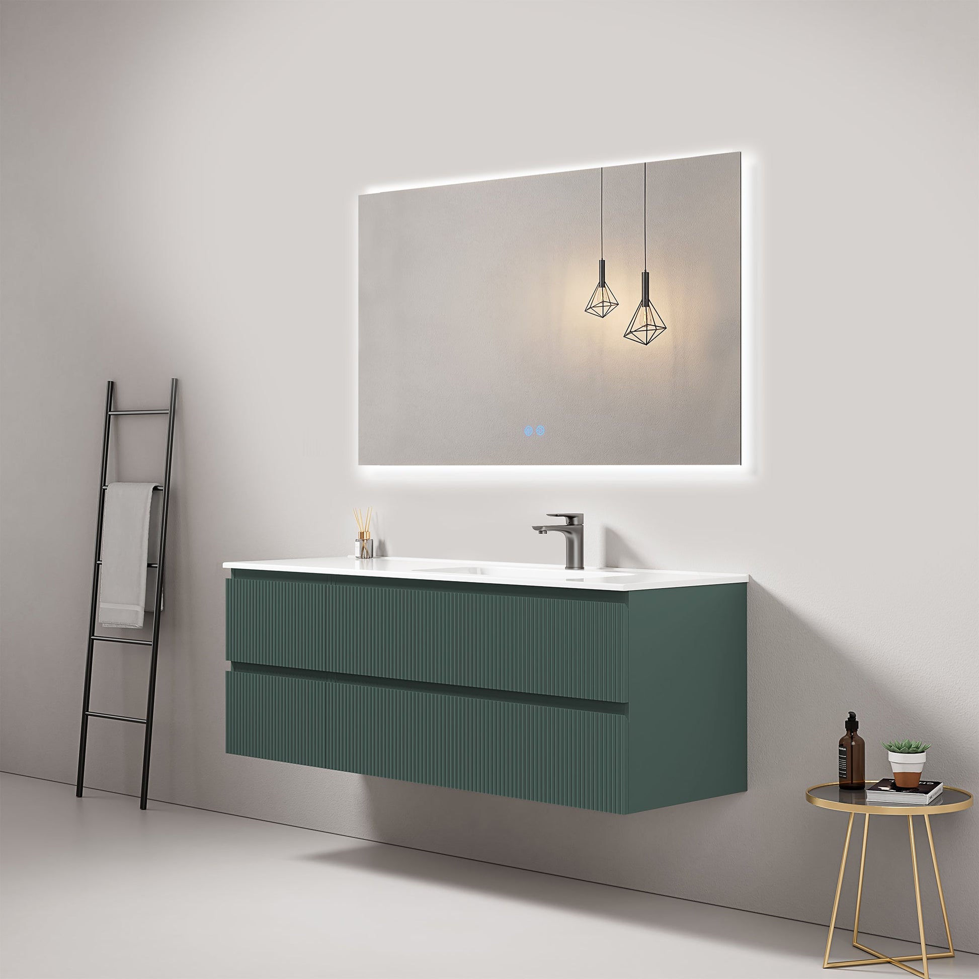 Mobile bagno sospeso cannettato 140 cm Verde Comodoro Lavabo a Destra in Resina Specchio Quadro Retroilluminato - Fiji Paint.