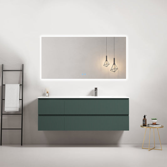Mobile bagno sospeso cannettato 140 cm Verde Comodoro Lavabo a Destra in Resina Specchio Quadro Retroilluminato - Fiji Paint