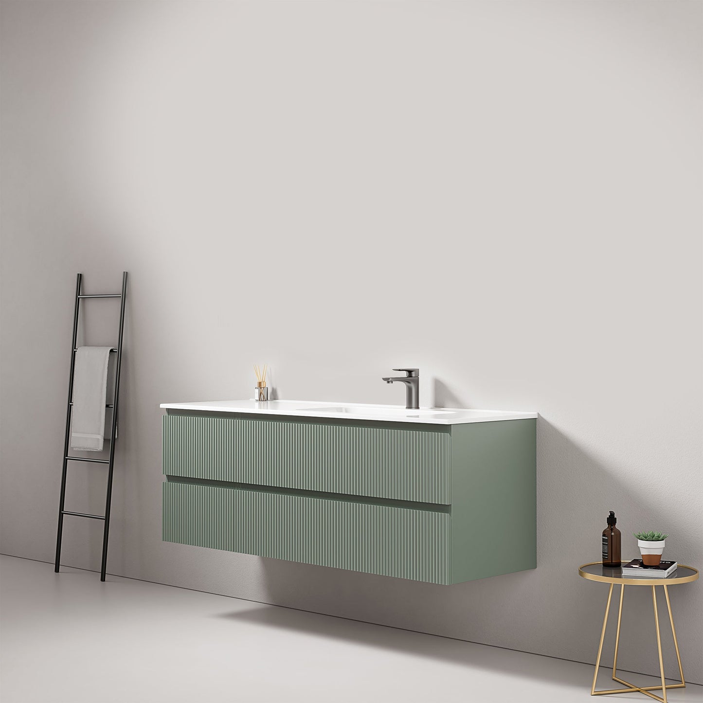 Mobile bagno sospeso cannettato 140 cm Verde Salvia Lavabo a Destra in Resina Senza Specchio - Fiji Paint