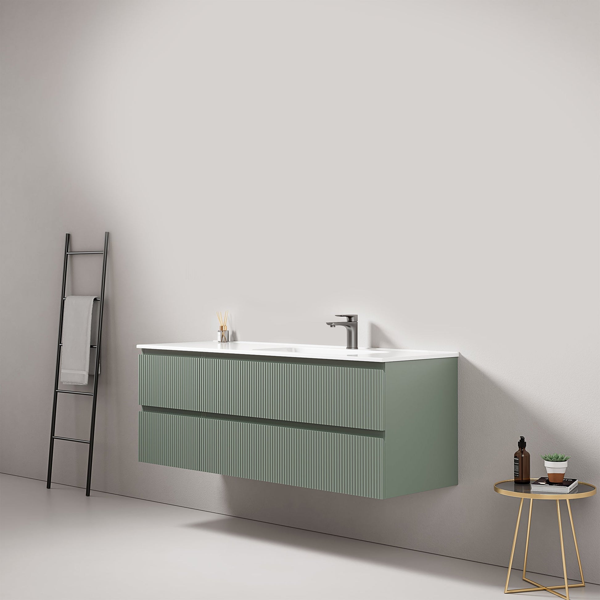 Mobile bagno sospeso cannettato 140 cm Verde Salvia Lavabo a Destra in Resina Senza Specchio - Fiji Paint