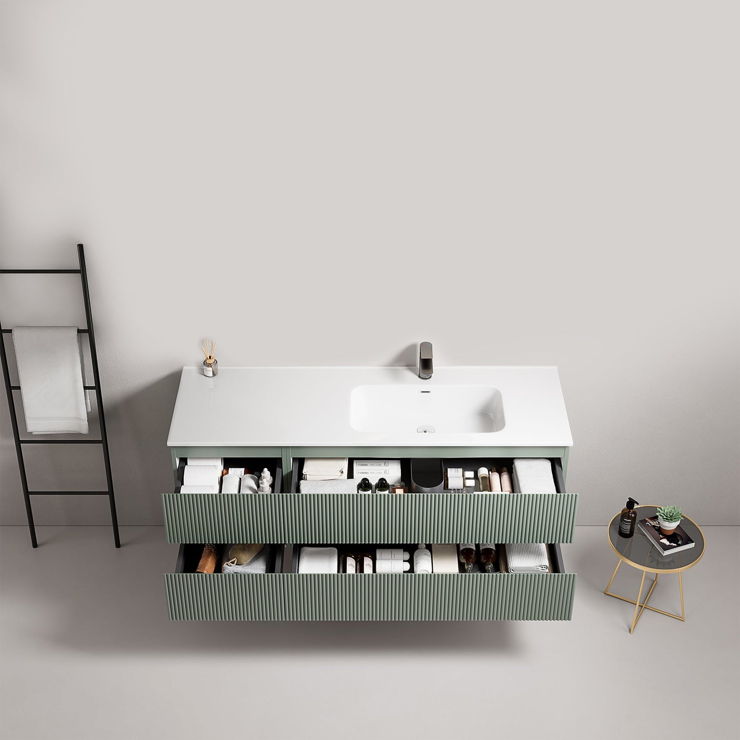 Mobile bagno sospeso cannettato 140 cm Verde Salvia Lavabo a Destra in Resina Senza Specchio - Fiji Paint