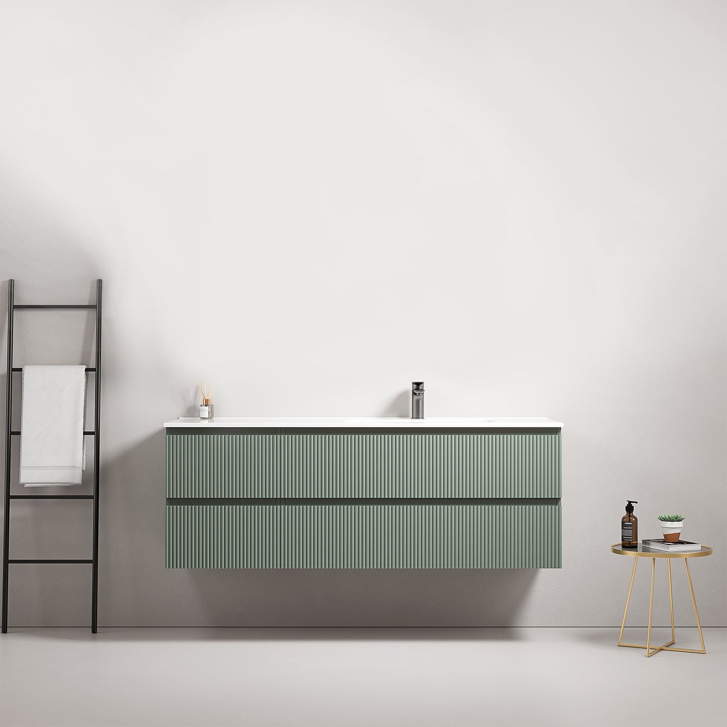 Mobile bagno sospeso cannettato 140 cm Verde Salvia Lavabo a Destra in Resina Senza Specchio - Fiji Paint.