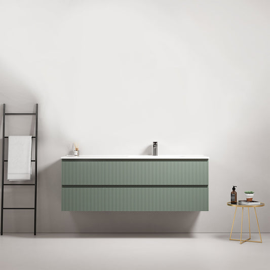 Mobile bagno sospeso cannettato 140 cm Verde Salvia Lavabo a Destra in Resina Senza Specchio - Fiji Paint.