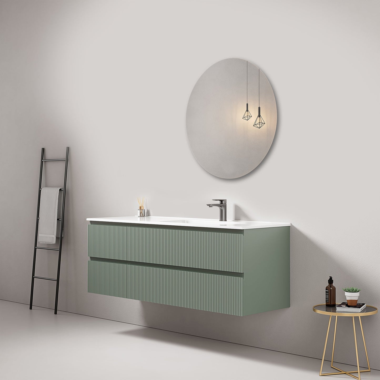 Mobile bagno sospeso cannettato 140 cm Verde Salvia Lavabo a Destra in Resina Specchio Tondo - Fiji Paint