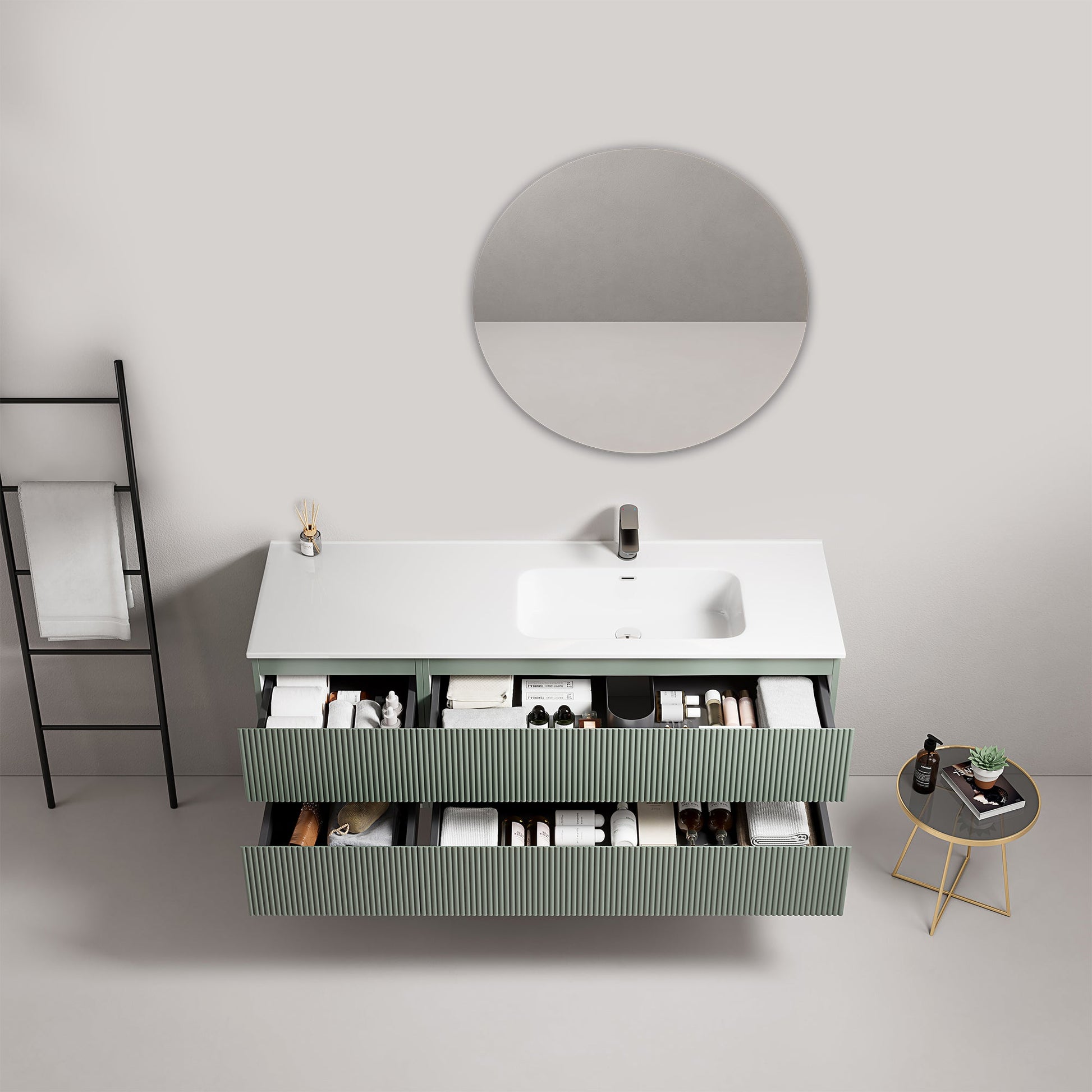 Mobile bagno sospeso cannettato 140 cm Verde Salvia Lavabo a Destra in Resina Specchio Tondo - Fiji Paint