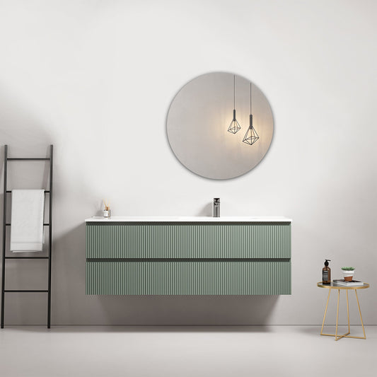 Mobile bagno sospeso cannettato 140 cm Verde Salvia Lavabo a Destra in Resina Specchio Tondo - Fiji Paint.