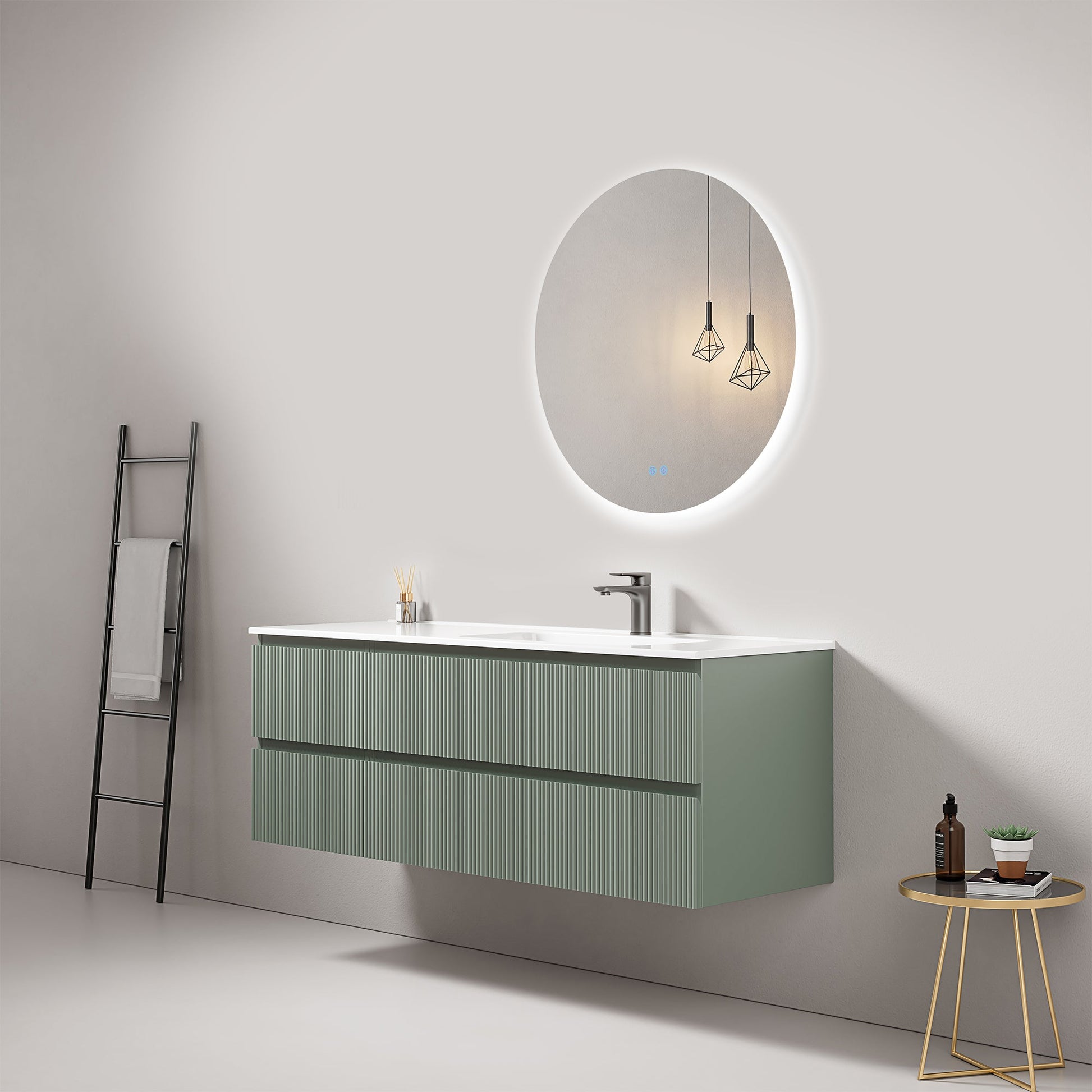Mobile bagno sospeso cannettato 140 cm Verde Salvia Lavabo a Destra in Resina Specchio Tondo Retroilluminato - Fiji Paint
