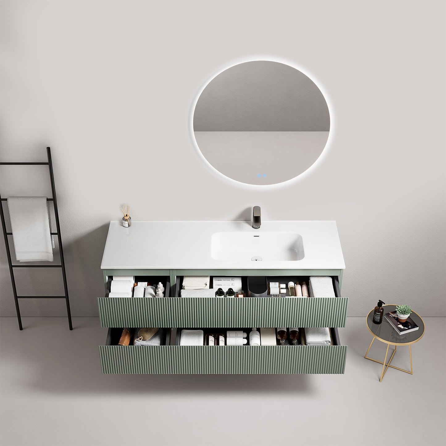 Mobile bagno sospeso cannettato 140 cm Verde Salvia Lavabo a Destra in Resina Specchio Tondo Retroilluminato - Fiji Paint
