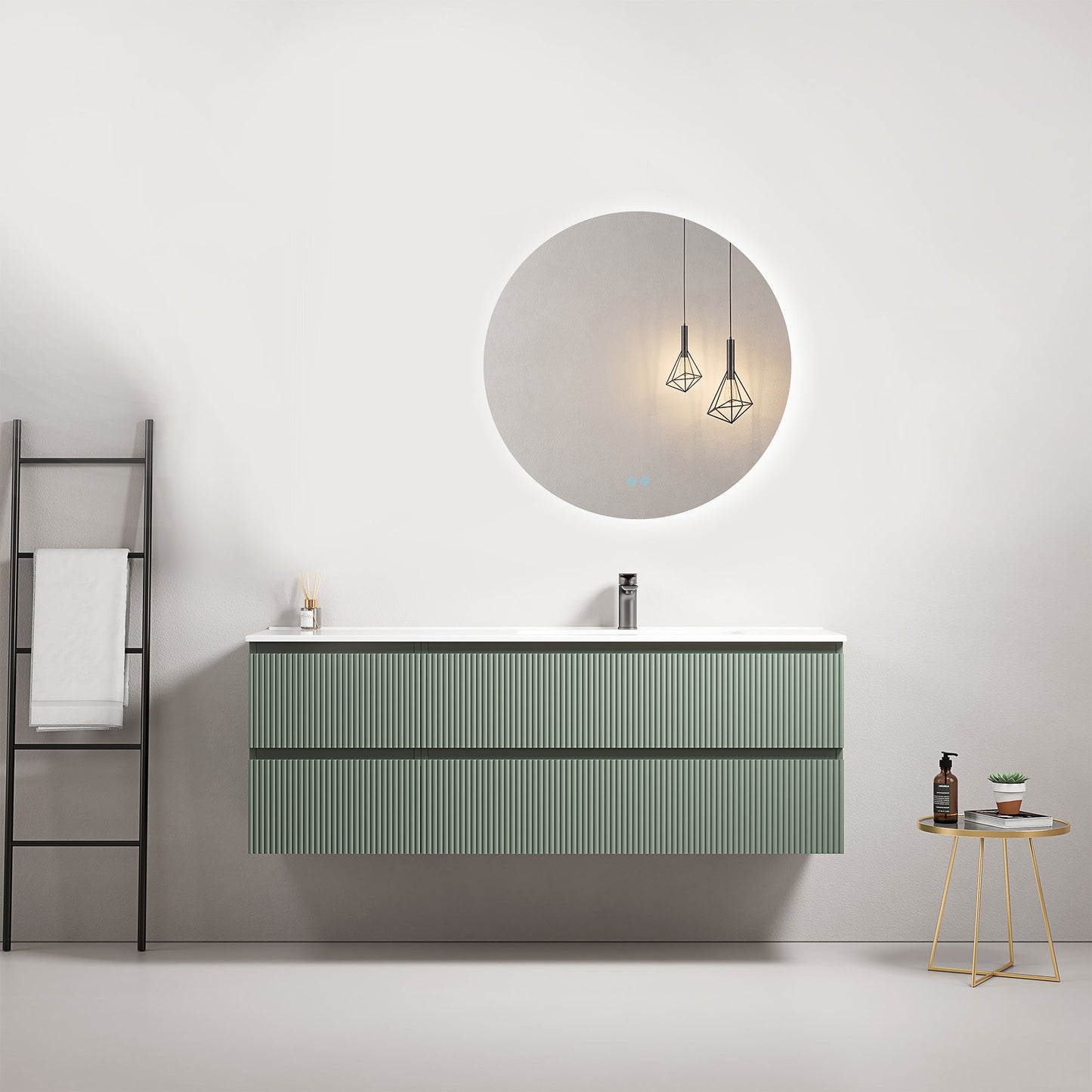 Mobile bagno sospeso cannettato 140 cm Verde Salvia Lavabo a Destra in Resina Specchio Tondo Retroilluminato - Fiji Paint