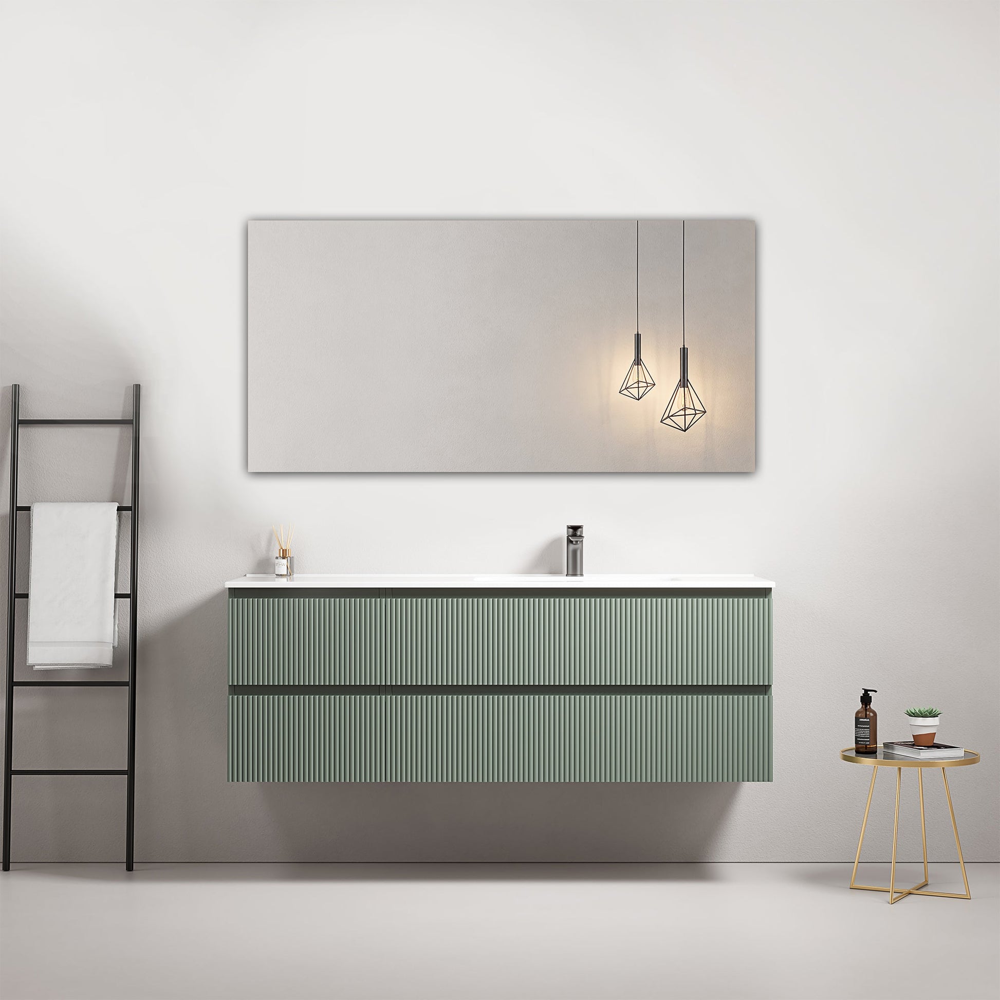 Mobile bagno sospeso cannettato 140 cm Verde Salvia Lavabo a Destra in Resina Specchio Quadro - Fiji Paint