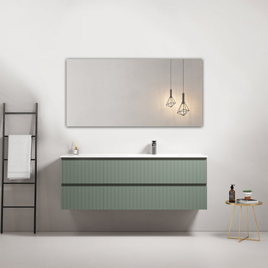 Mobile bagno sospeso cannettato 140 cm Verde Salvia Lavabo a Destra in Resina Specchio Quadro - Fiji Paint