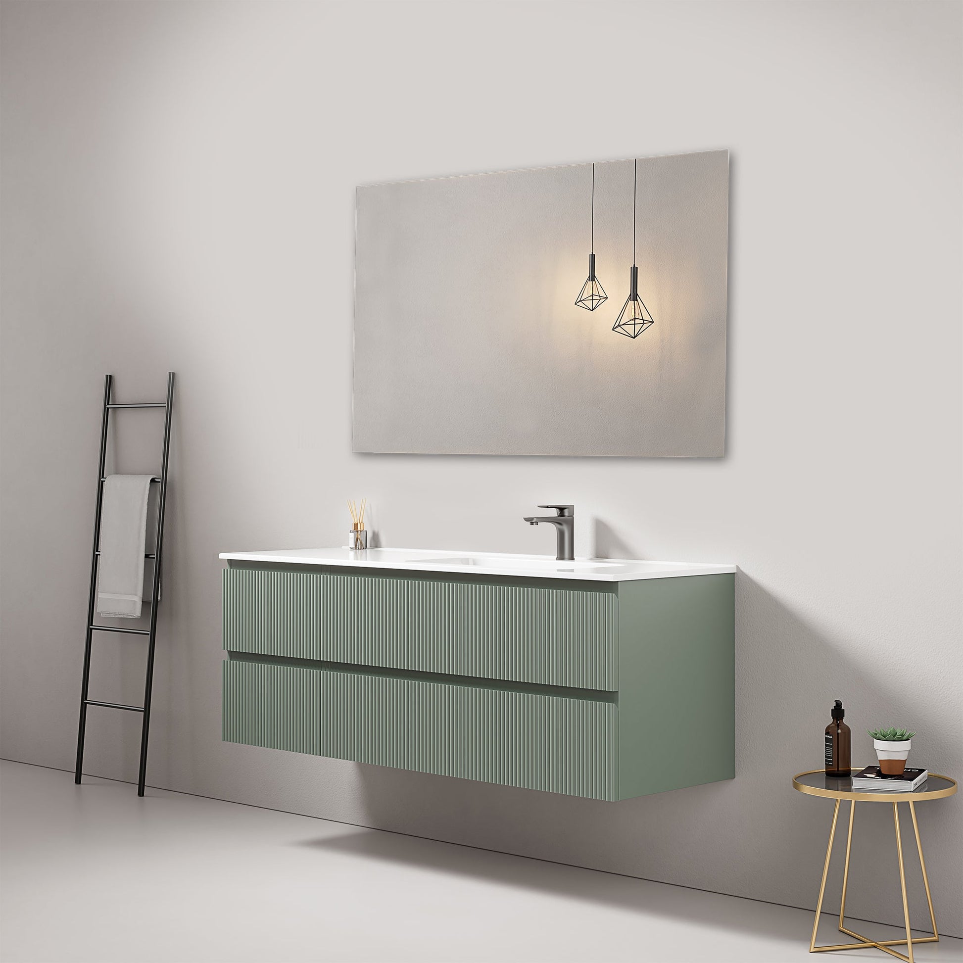 Mobile bagno sospeso cannettato 140 cm Verde Salvia Lavabo a Destra in Resina Specchio Quadro - Fiji Paint