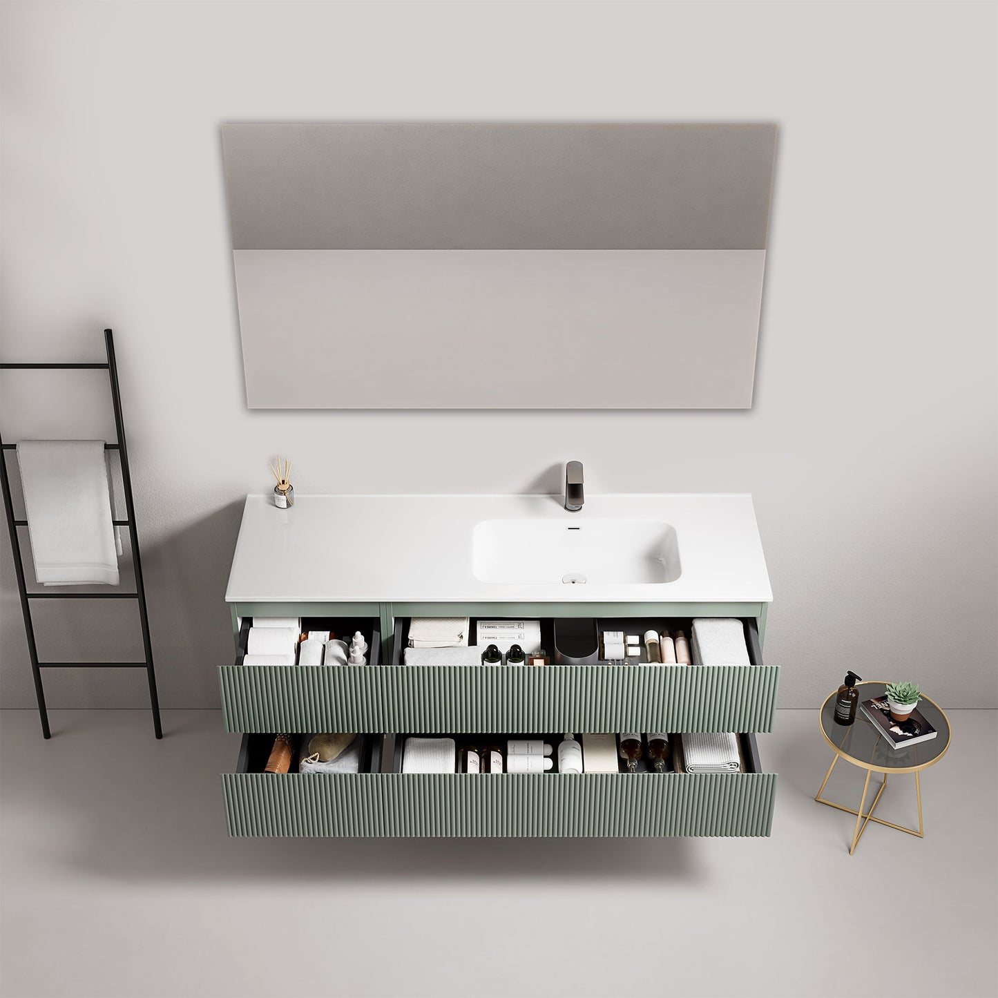Mobile bagno sospeso cannettato 140 cm Verde Salvia Lavabo a Destra in Resina Specchio Quadro - Fiji Paint
