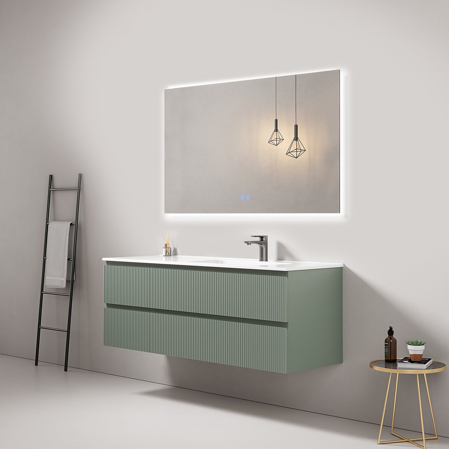 Mobile bagno sospeso cannettato 140 cm Verde Salvia Lavabo a Destra in Resina Specchio Quadro Retroilluminato - Fiji Paint