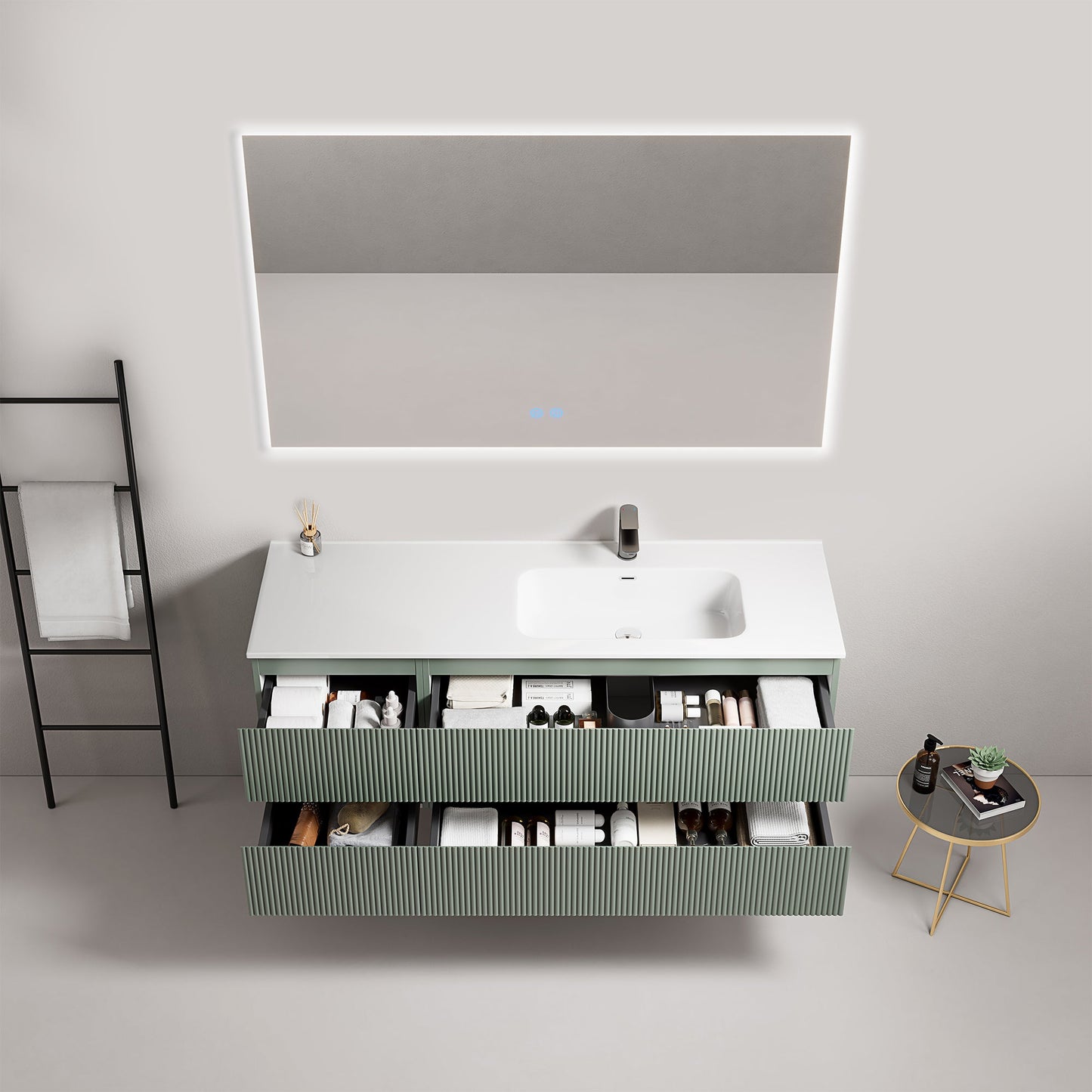 Mobile bagno sospeso cannettato 140 cm Verde Salvia Lavabo a Destra in Resina Specchio Quadro Retroilluminato - Fiji Paint