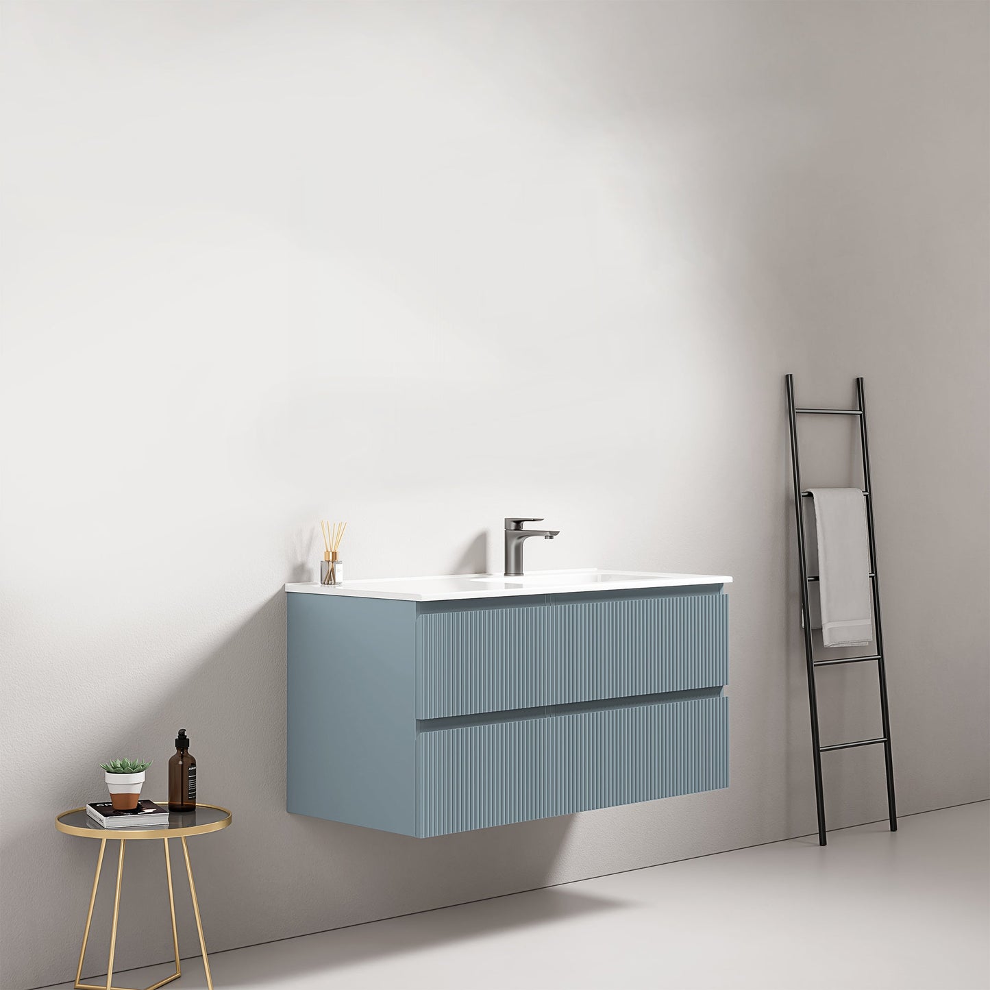 Mobile bagno sospeso cannettato 100 cm Blu Avio Lavabo a Destra in Ceramica Senza Specchio - Fiji Paint in ambiente moderno.