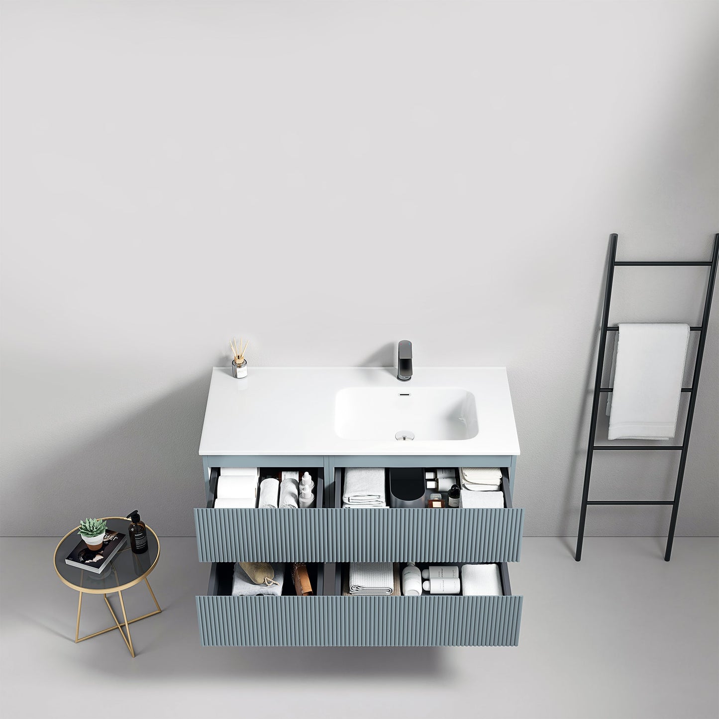 Mobile bagno sospeso cannettato 100 cm Blu Avio Lavabo a Destra in Ceramica Senza Specchio - Fiji Paint