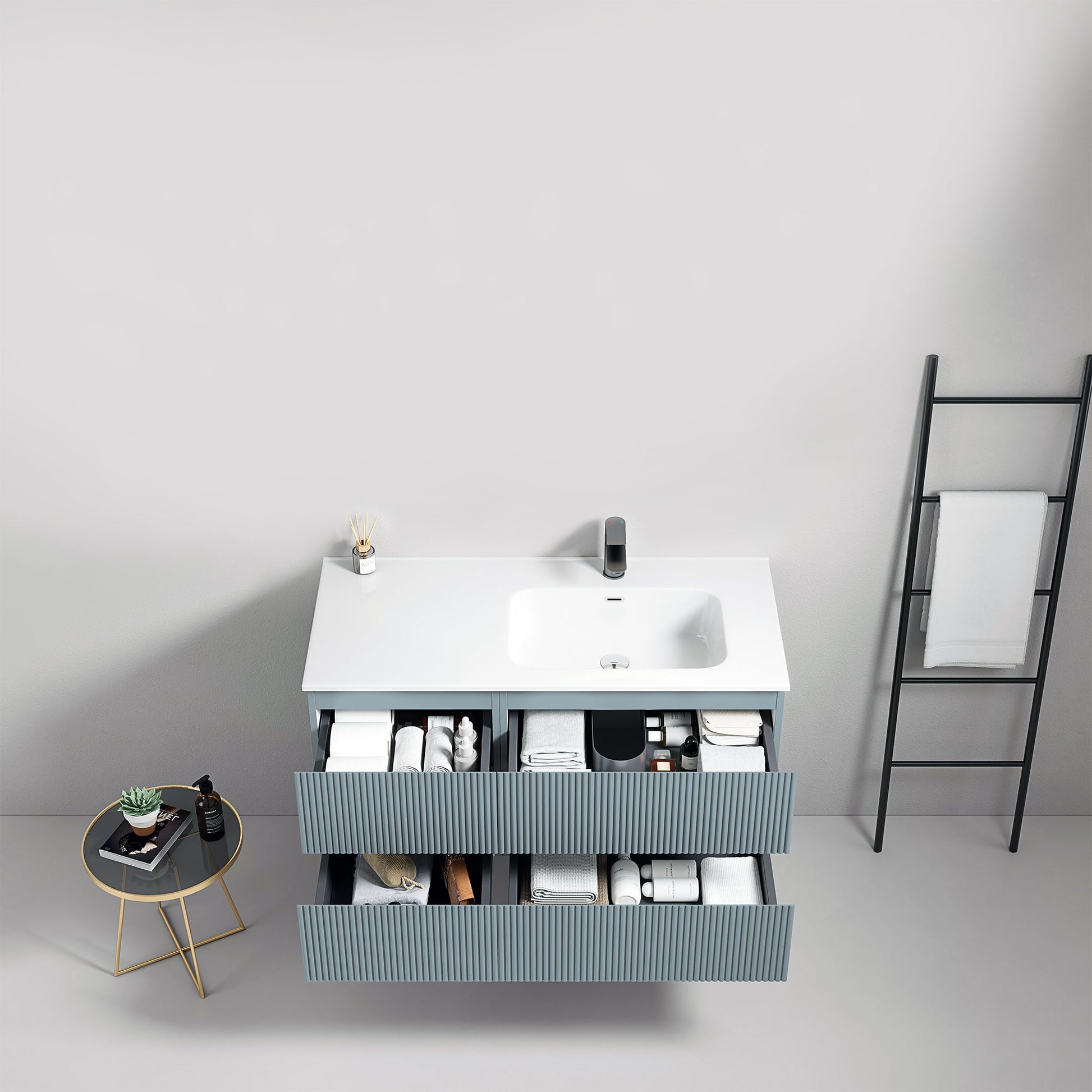 Mobile bagno sospeso cannettato 100 cm Blu Avio Lavabo a Destra in Ceramica Senza Specchio - Fiji Paint